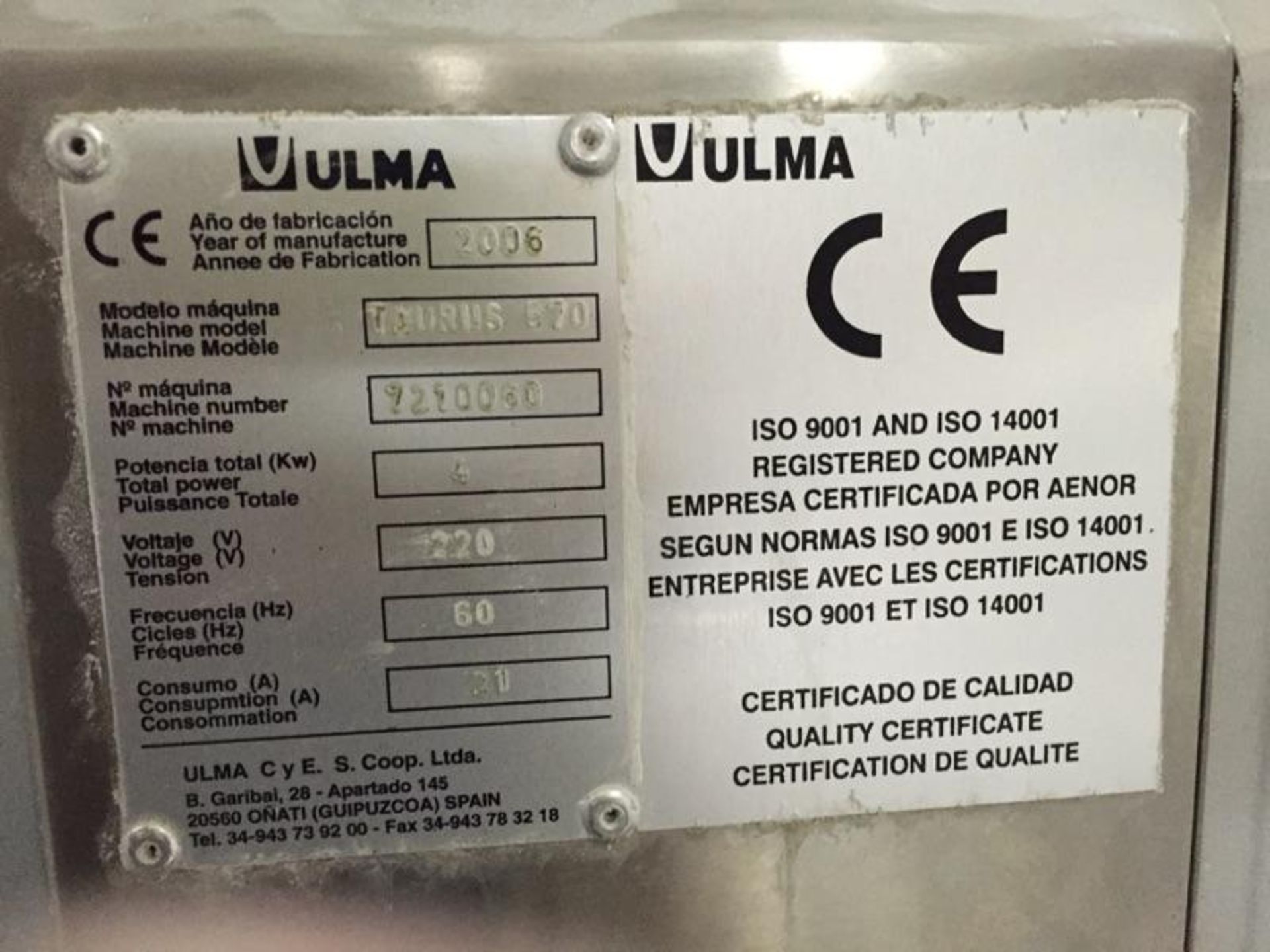 Ulma Taurus Tray Sealer, M/N 570N, S/N 721 0060, Capable of Trays Listed Below:Description:Ulma - Image 6 of 7