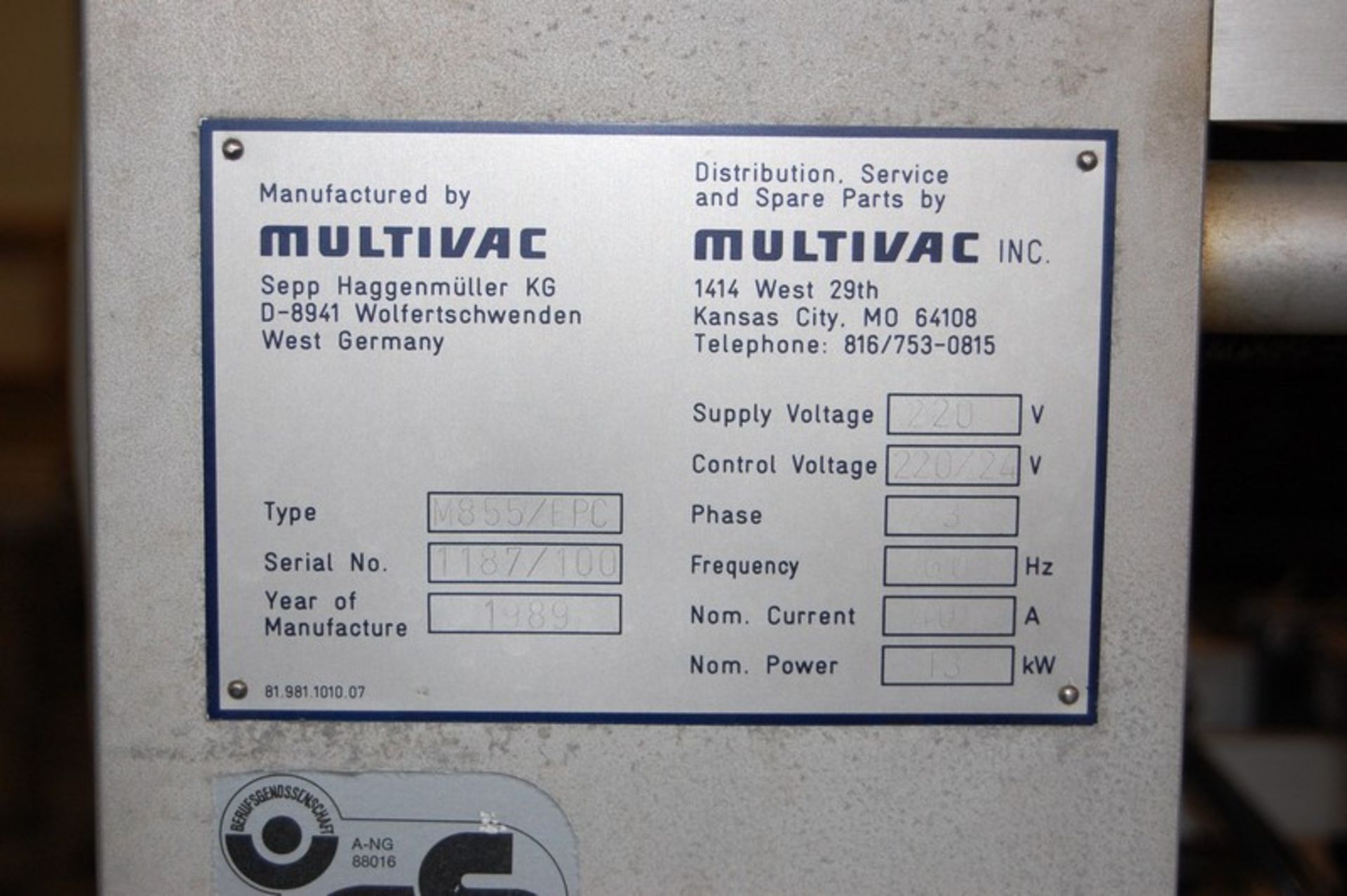 Multivac M855-EPC Rollstock Thermoforming Machine, SN 1187/100, with Bell Mark Code Dater, (2) - Image 8 of 8