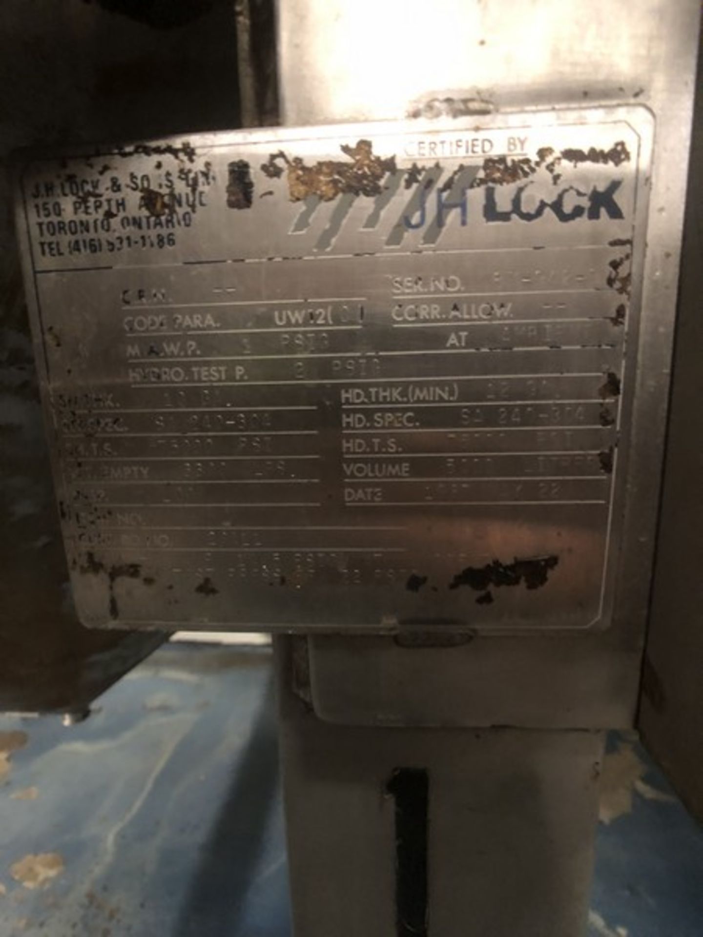 J.H. Lock 1,488 Gallon Fermenter, S/N 87942-3, Jacket MAWP 14.5 PSI, Test - Image 7 of 12