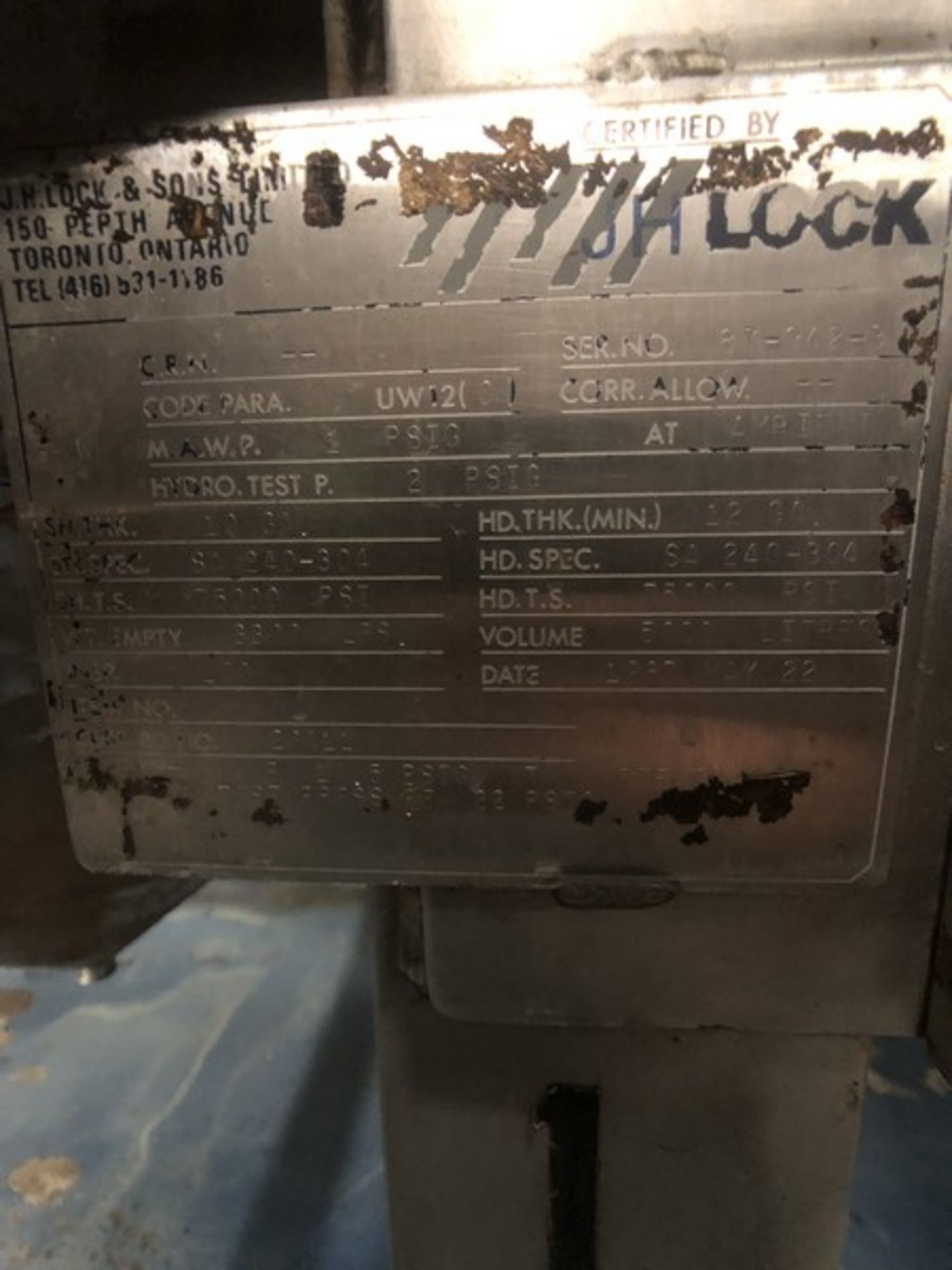 J.H. Lock 1,488 Gallon Fermenter, S/N 87942-3, Jacket MAWP 14.5 PSI, Test - Image 8 of 12