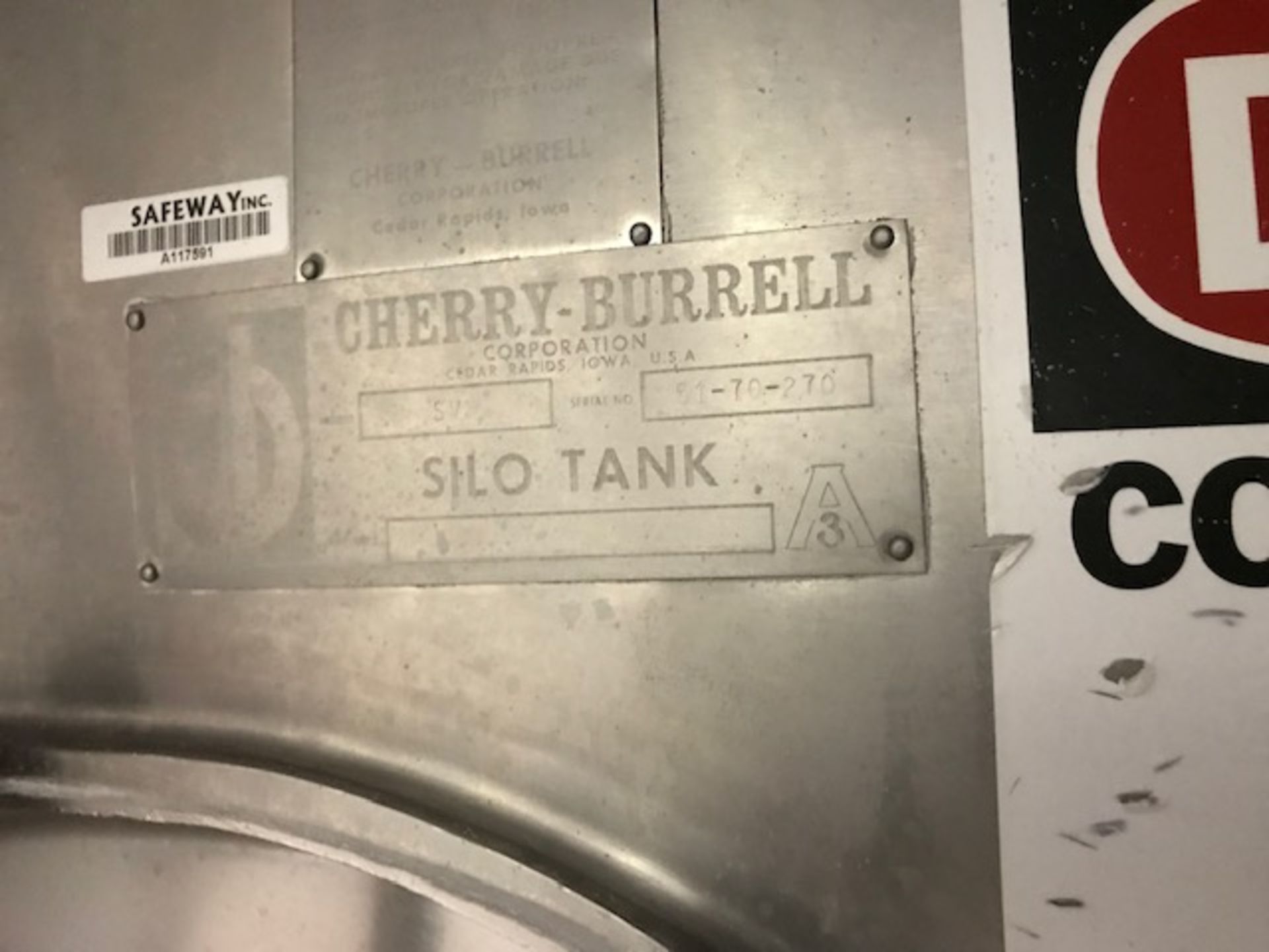 Cherry Burrell Jacketed Cream Silo, Model SV2, S/N 51-70-270, Horizontal Agitation (Located in - Image 5 of 11