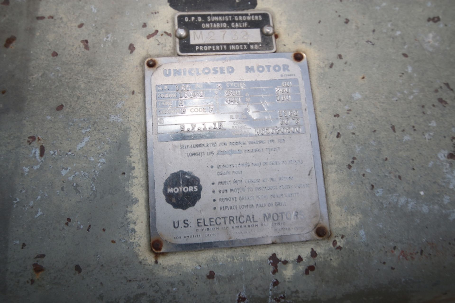 U.S. Electric 150 hp Motor, 1182 RPM, 220/440 Volts - Image 2 of 2