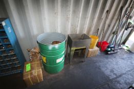 Contents of Front Side Wall, Includes Barrel of Bolts, S/S Parts Cleaning Bin, Janitorial Brooms &