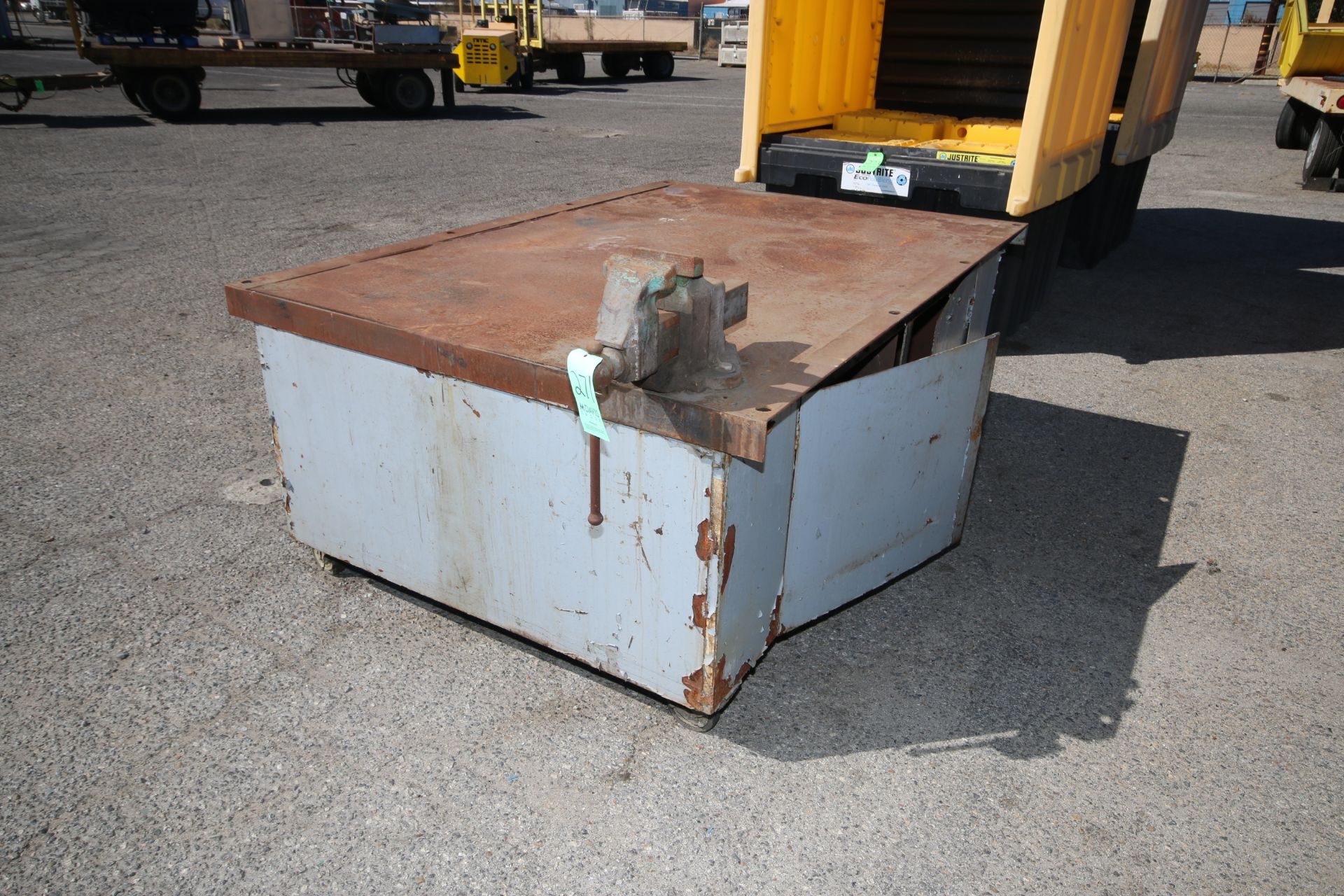 Metal Shop Table with Vise, Overall Dims.: Aprox. 58" L x 58" W x 34" H, Mounted on Portable Casters