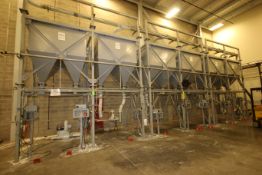 BULK BID: LINE 3 DUAL HOPPER CARBON STEEL SURGE BIN SYSTEM, WITH OUTLET VALVING, FOOT PEDALS,