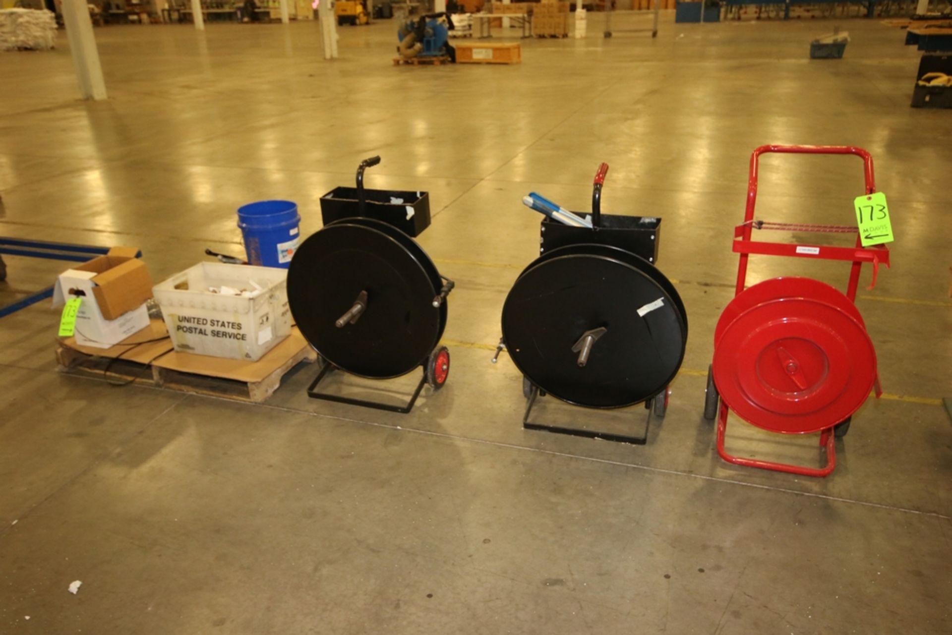 (3) Banding Carts, with Pallet of Banding Supplies, Including Uline Banding & Banding Tooling