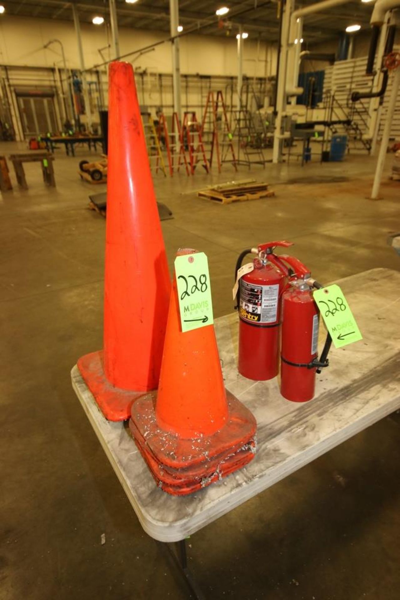 Lot of (5) Orange Rubber Cones & (2) Ansul Sentry Fire Extinguishers