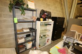 Lot of Assorted Shelving Units, Display Cases, and Filing Cabinets
