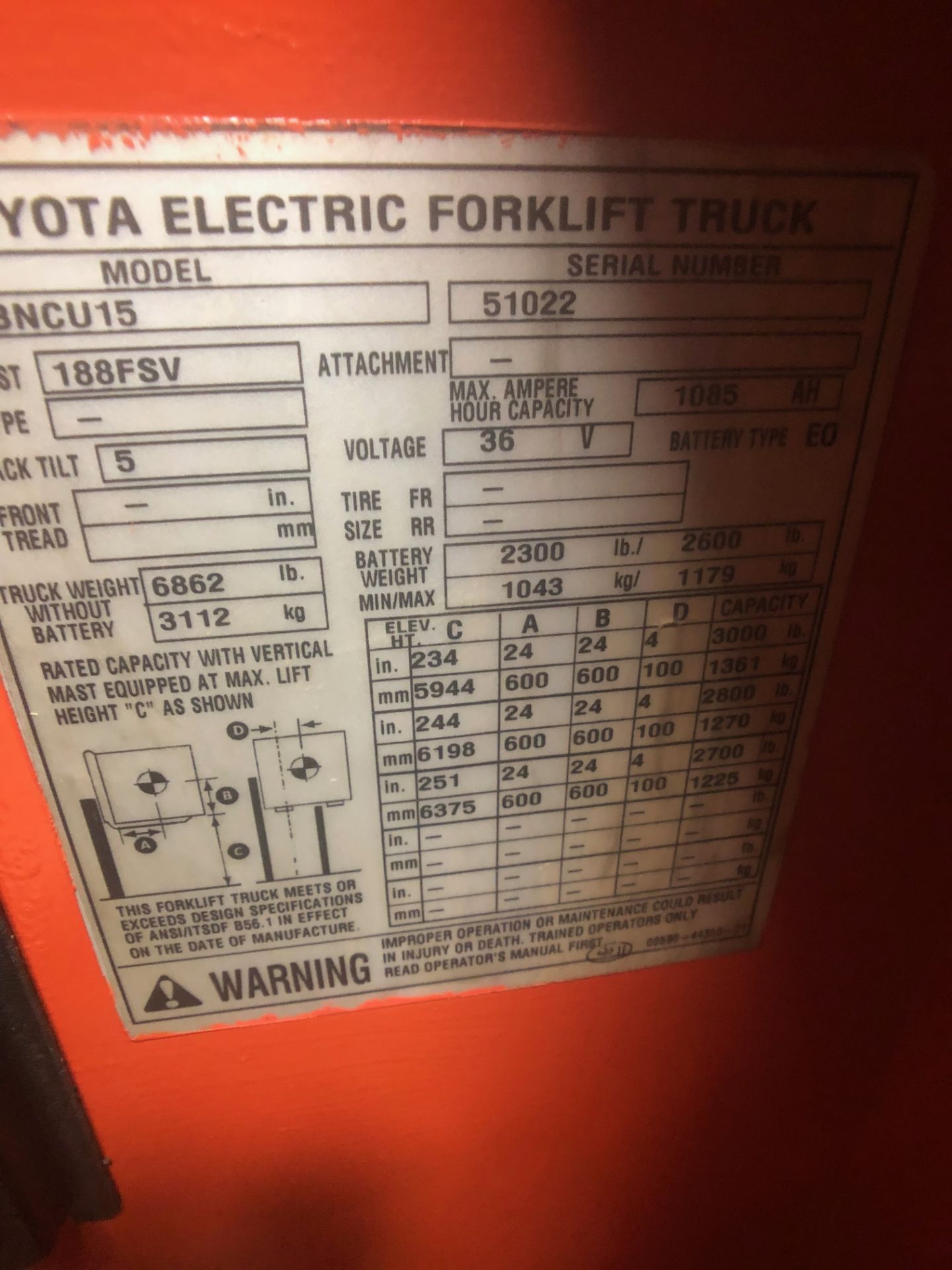 Toyota Electric 3,000 LB Narrow Aisle Forklift, Model 7BNCU15, S/N 51022, 188FSV Mast - Image 10 of 15