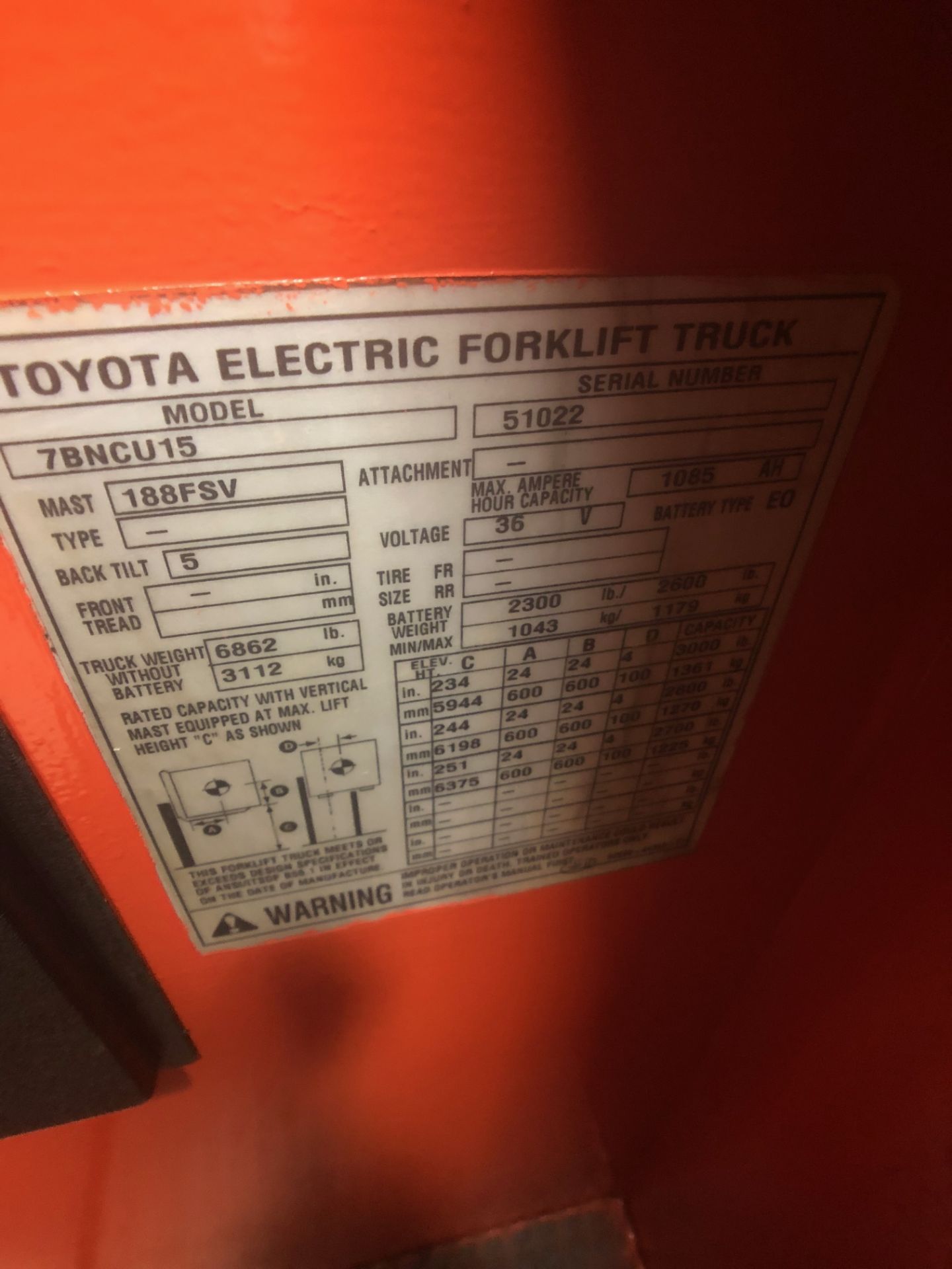 Toyota Electric 3,000 LB Narrow Aisle Forklift, Model 7BNCU15, S/N 51022, 188FSV Mast - Image 12 of 15