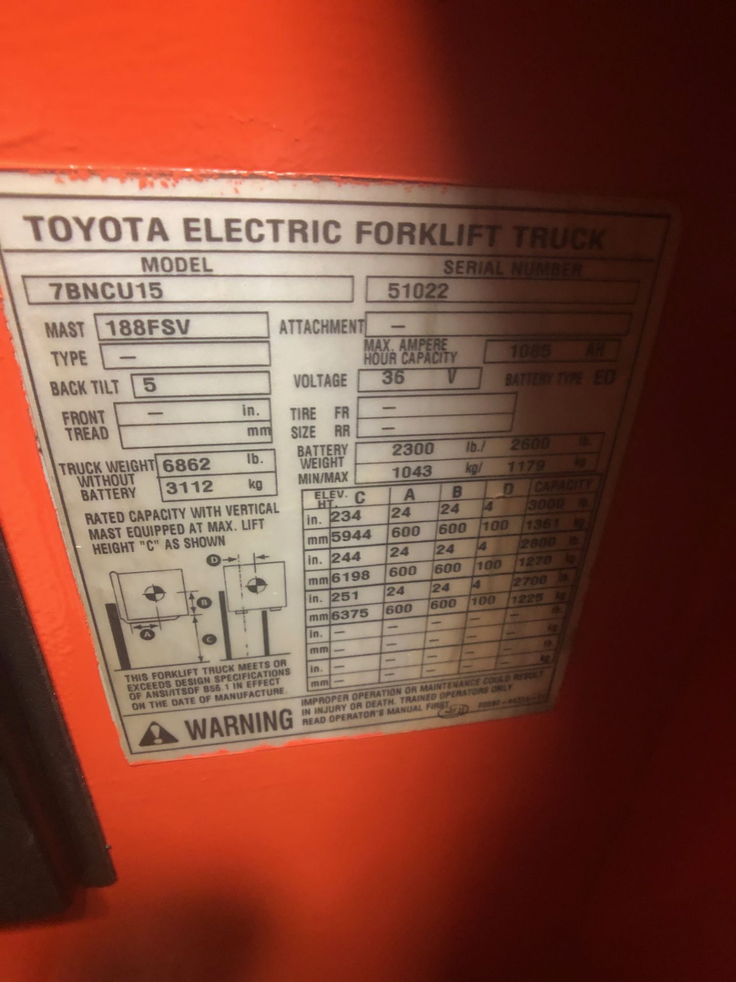 Toyota Electric 3,000 LB Narrow Aisle Forklift, Model 7BNCU15, S/N 51022, 188FSV Mast - Image 11 of 15