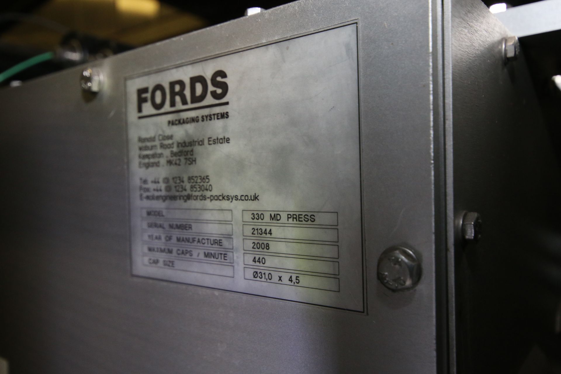 Fords Foil Press/Tamper Evident Sealer, Model 330MD, S/N 21344, 440 Max. Caps/Min., Cap Size 031.0 x - Image 3 of 3