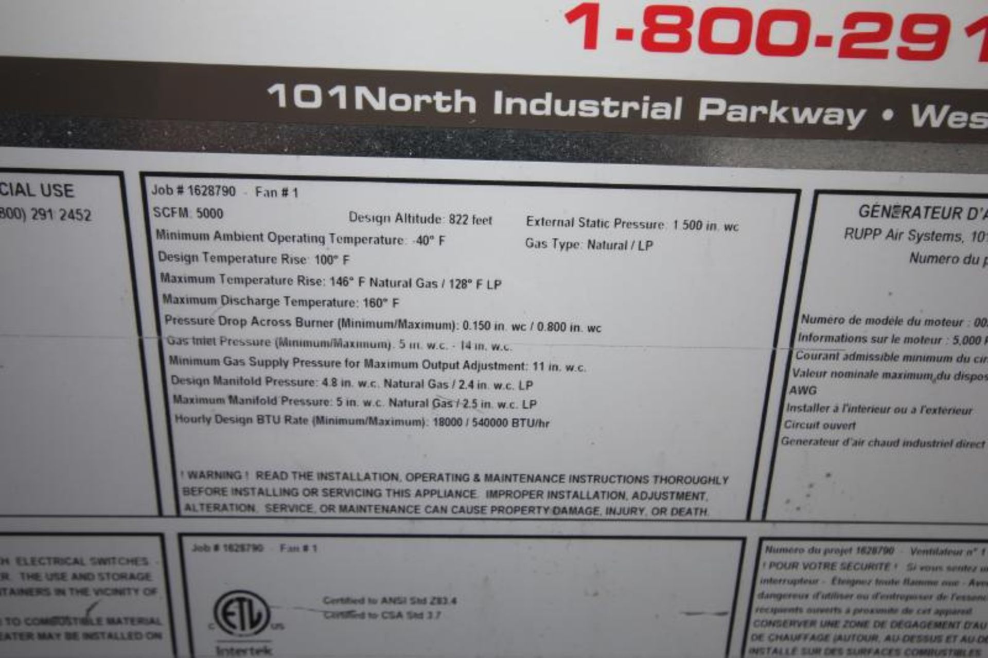 2012 Rupp Air Systems Industrial Air Heater, Model R3D.500-G18, Job # 1628790, Natural Gas Fired, ( - Bild 6 aus 7