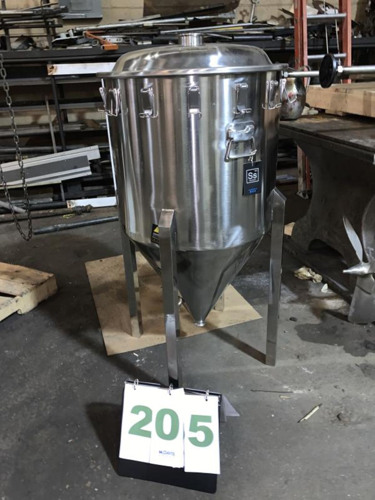 Never used one barrel (50-gallon) Stainless Steel Cone Bottom Tank on four legs -- (LOCATED IN IOWA,