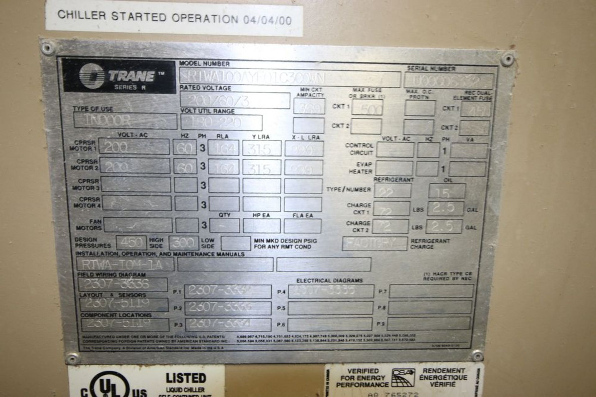 Trane 100 Ton Water Cooled Rotary Chiller, M/N RTWA100AYE01C3COWN, S/N U00006332, Design Pressure: - Image 8 of 24