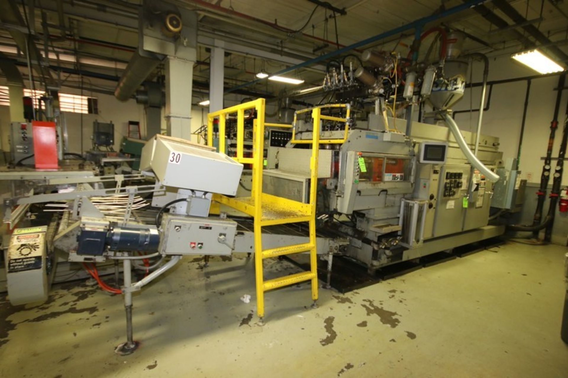 BULK BID LOT #173 & LOT #174-UNILOY 4-HEAD HDPE BLOW MOLDER, WITH COOLING BED, AND GAL. MOLDS (
