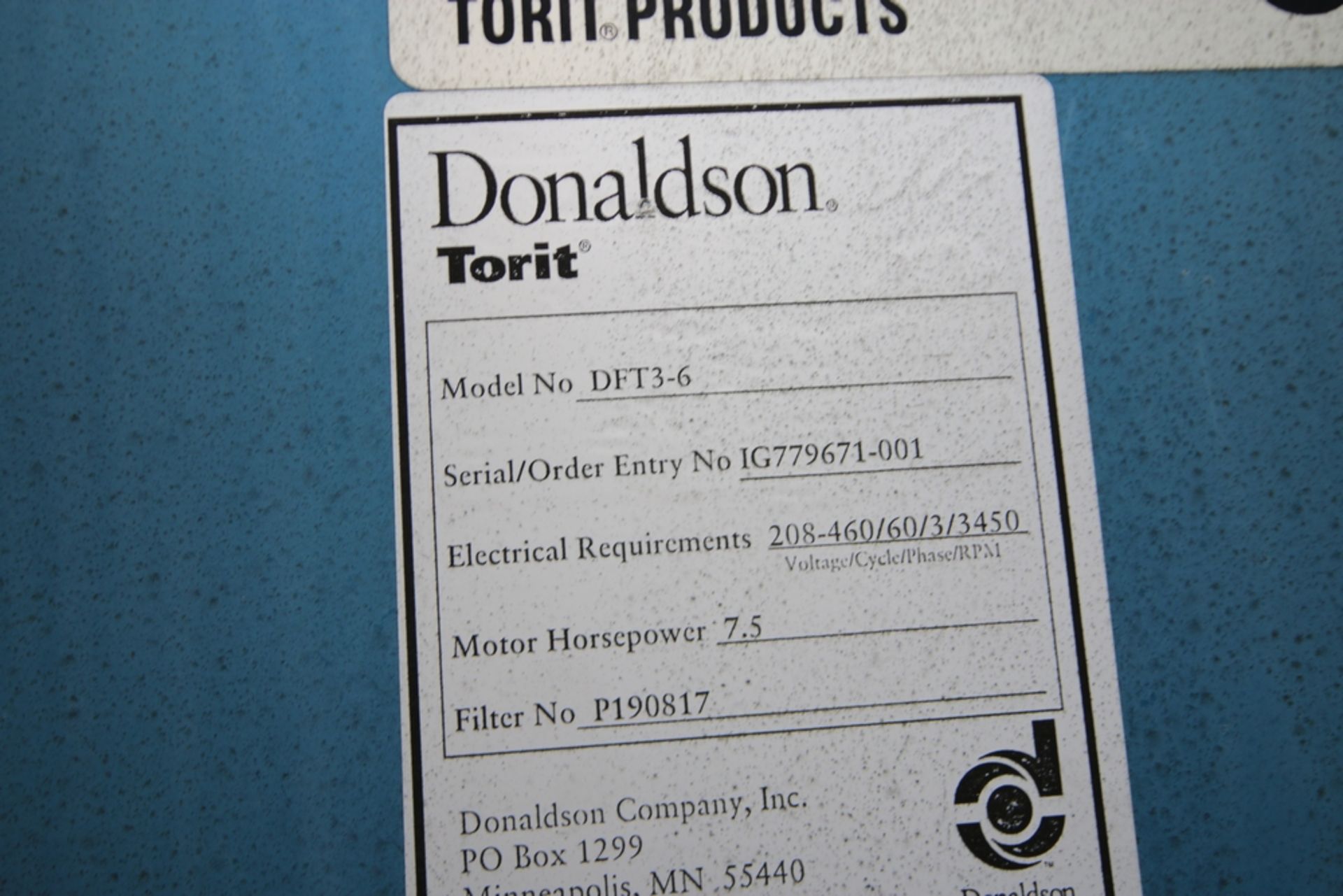 Torit 6-Conister Downflo Dust Collector, M/N DF3-6, S/N I6779671-001, 208/460 Volts, 3450 RPM, - Image 4 of 11