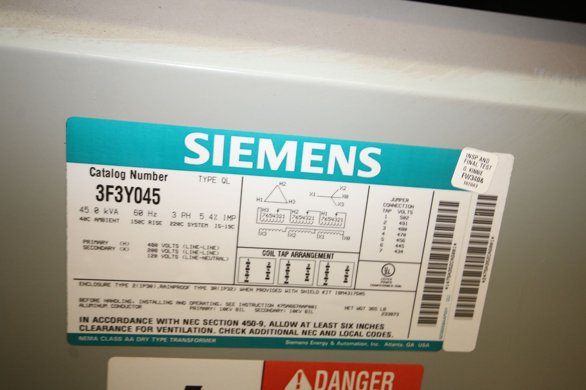 Siemens Transformer, with Siemens Safety Switch, Transformer: CAT. No. 3F3Y045, 45.0 KVA, 3 Phase ( - Image 6 of 8