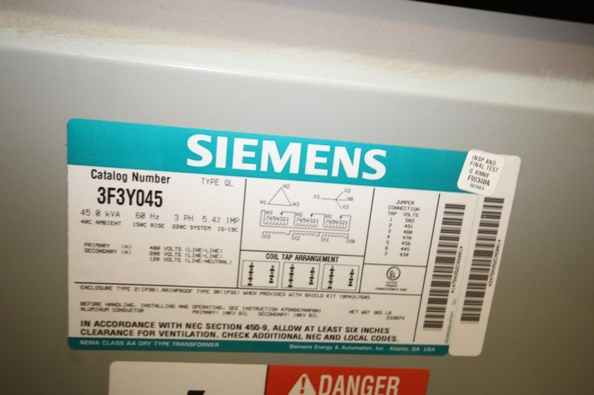 Siemens Transformer, with Siemens Safety Switch, Transformer: CAT. No. 3F3Y045, 45.0 KVA, 3 Phase ( - Image 3 of 8