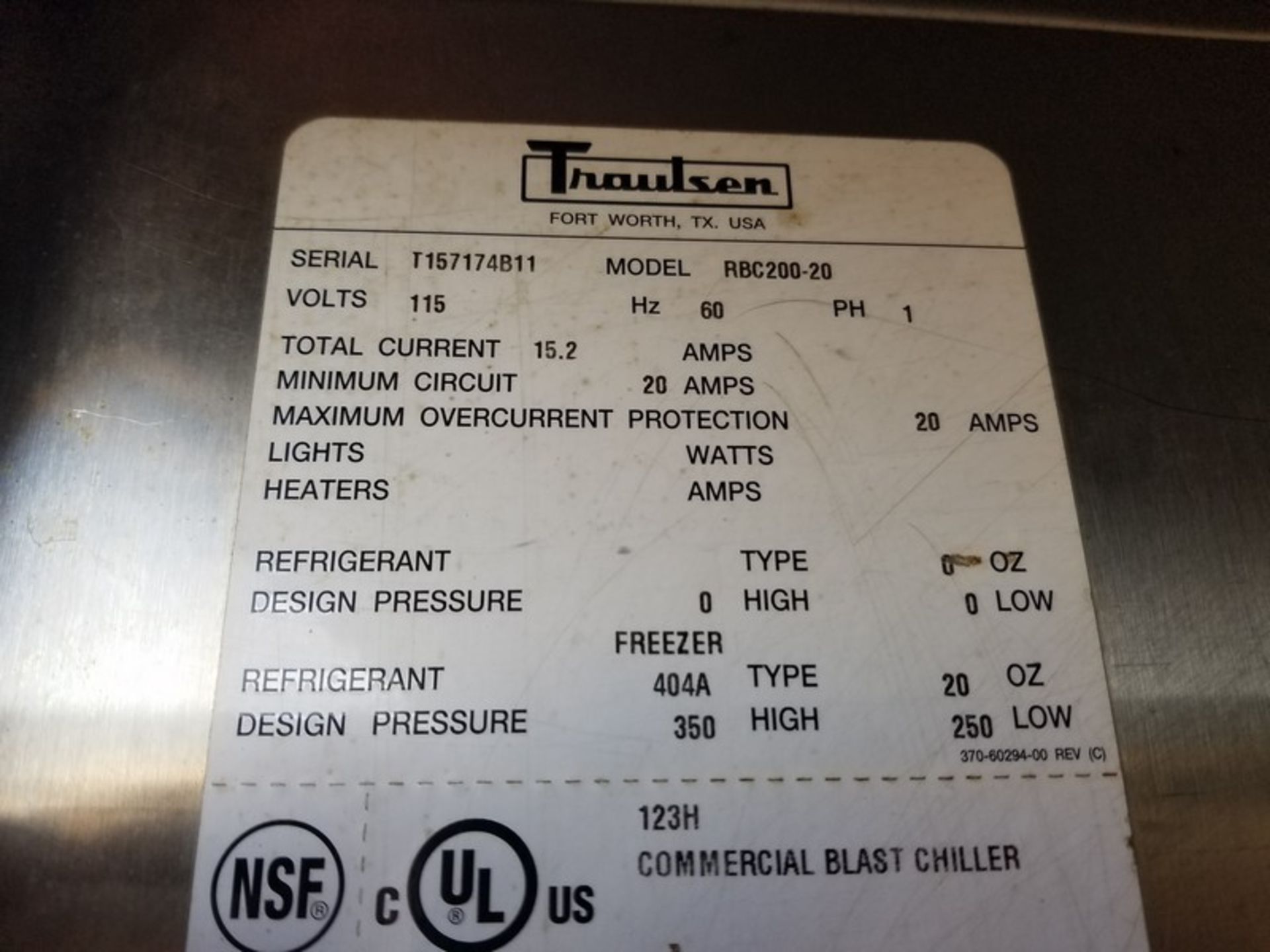 Traulsen S/S Single Rack Blast Chiller, M/N RBC200-28, S/N T157174B11, Refrigerant 404A, Design - Image 5 of 5