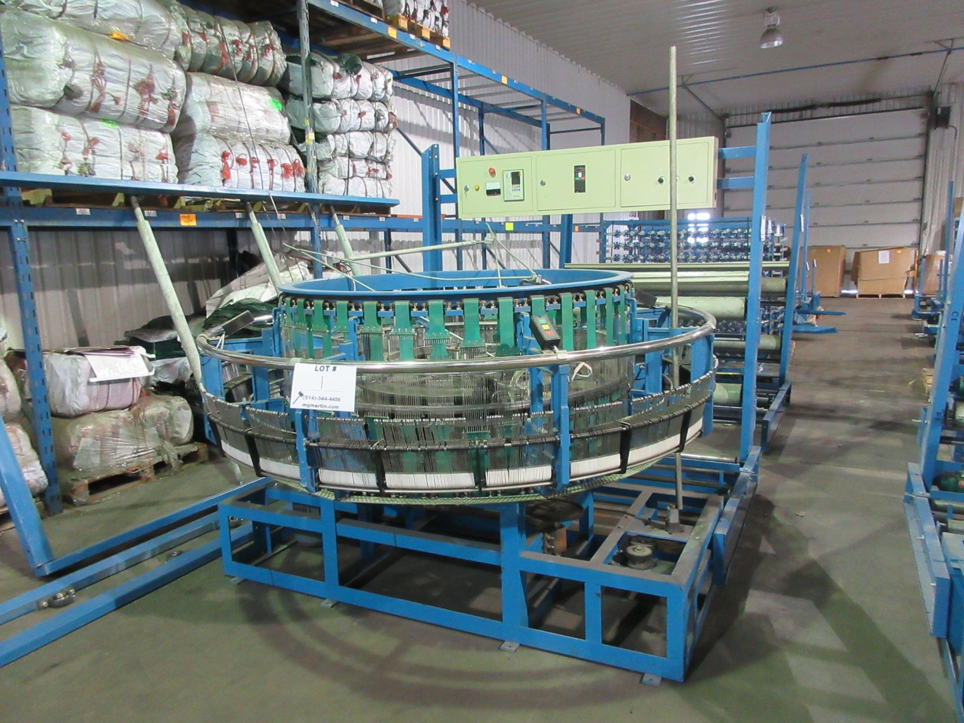 Weaving machine for polypropylene bags w/t spool stands, etc.