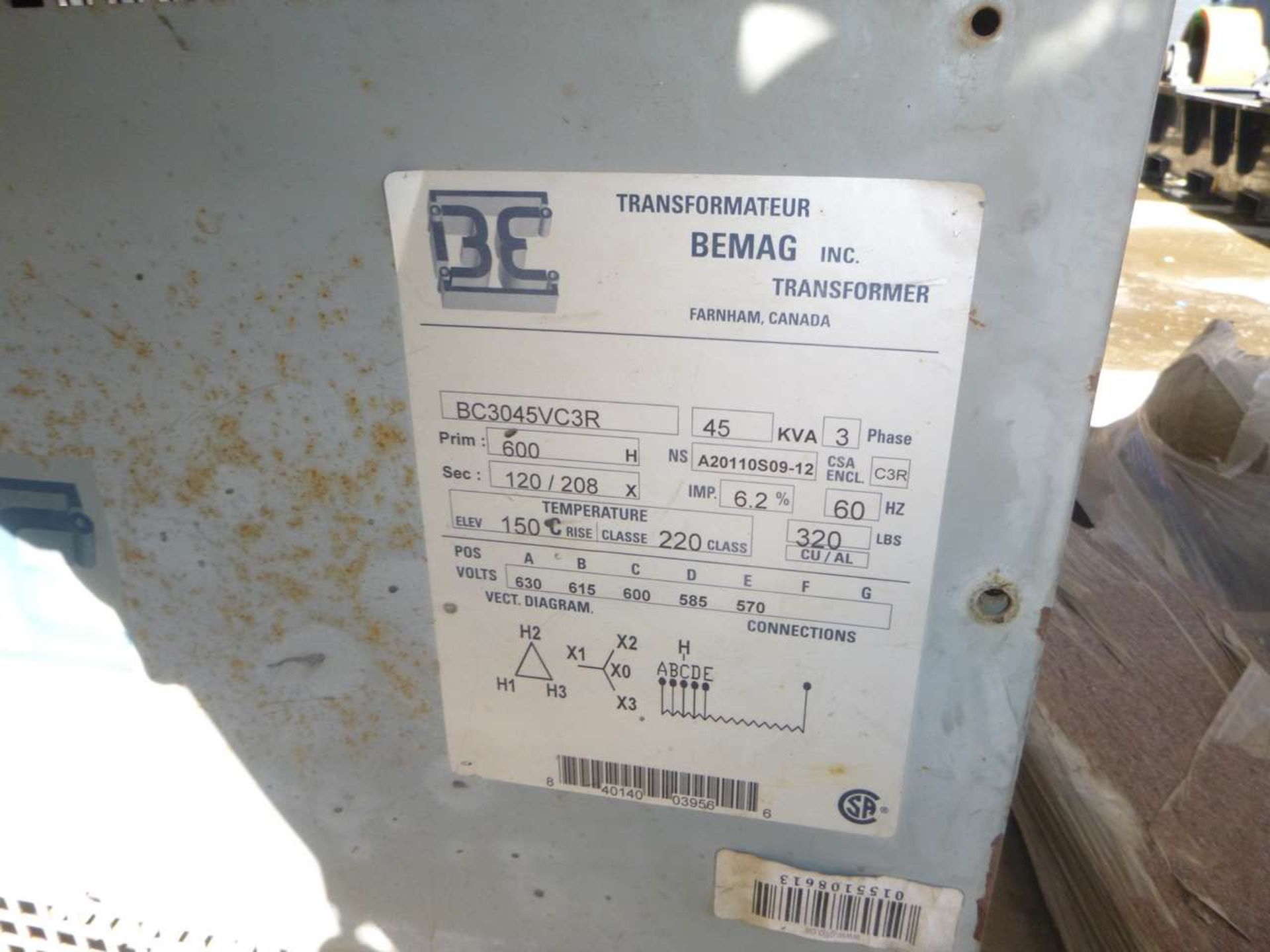 Bemag 45 kVA, 600 / 120 / 208 Transformer - Image 2 of 2