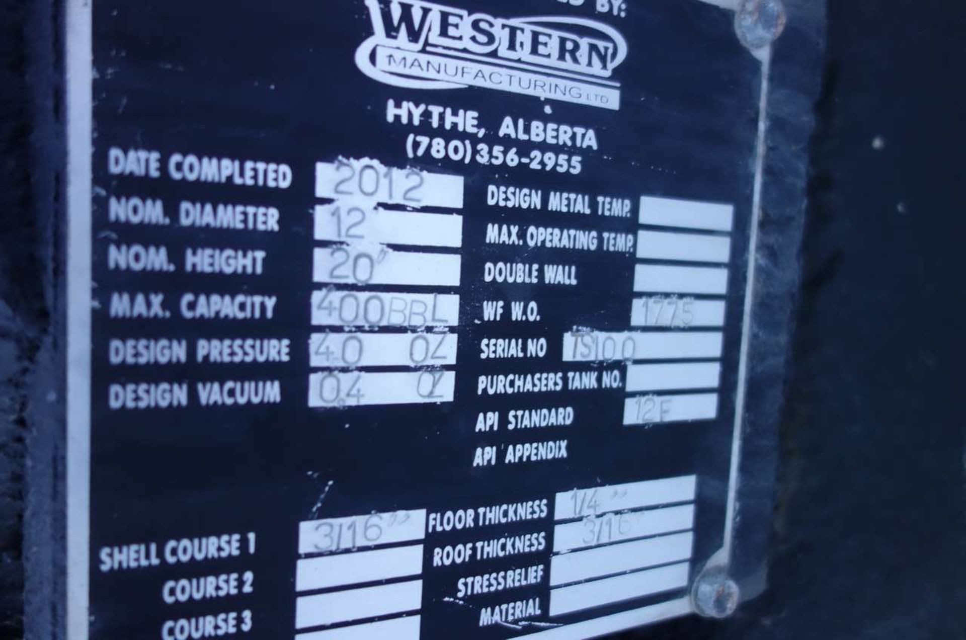 2012 Western Manufacturing Oil Tank - Image 2 of 2