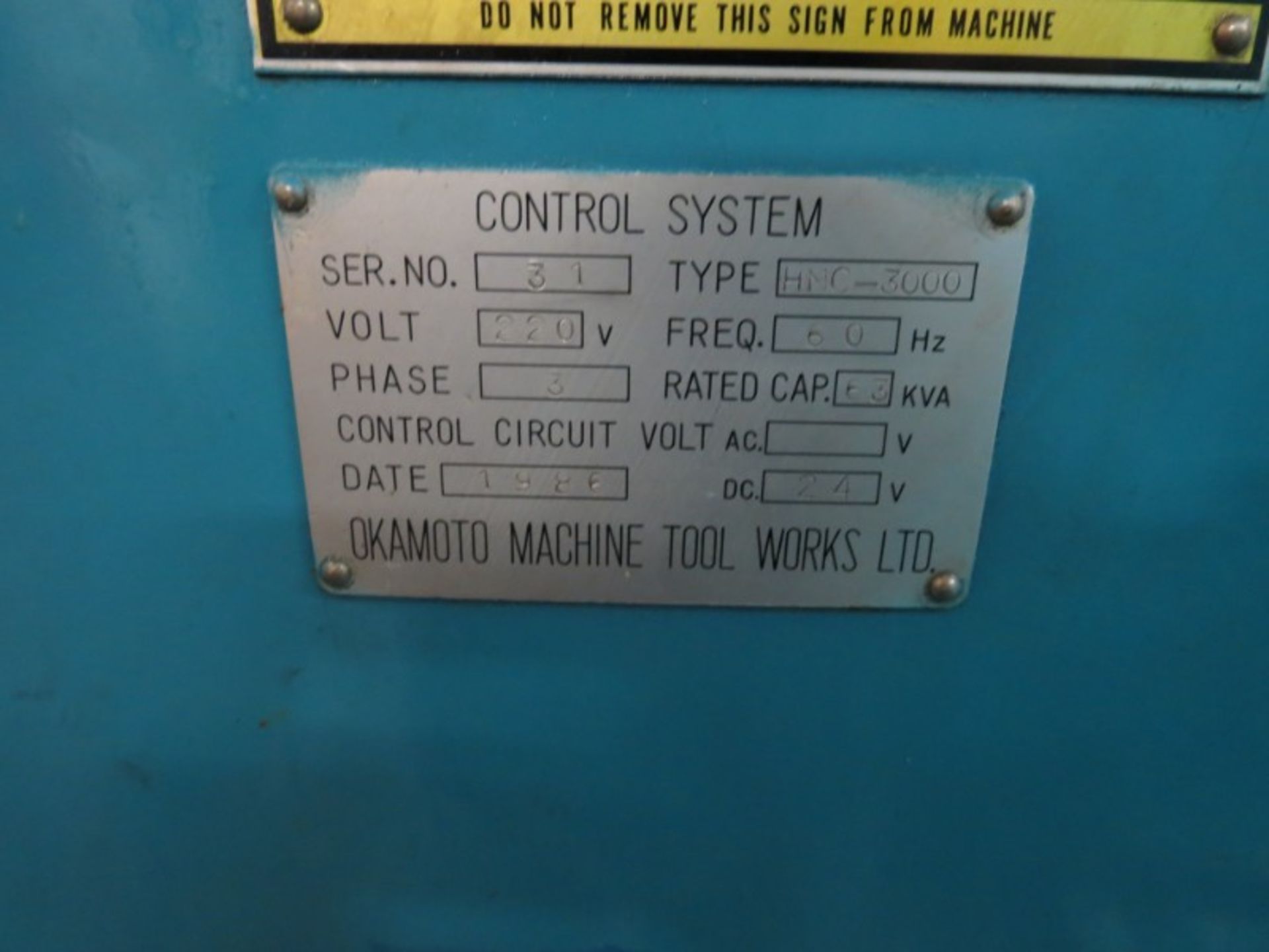 Okamoto HMC-3000, Fanuc 11M ctrl, 4k RPM, 40 ATC, CT-50 taper, 2 large angle plates, s/n 31 New 1986 - Image 9 of 9