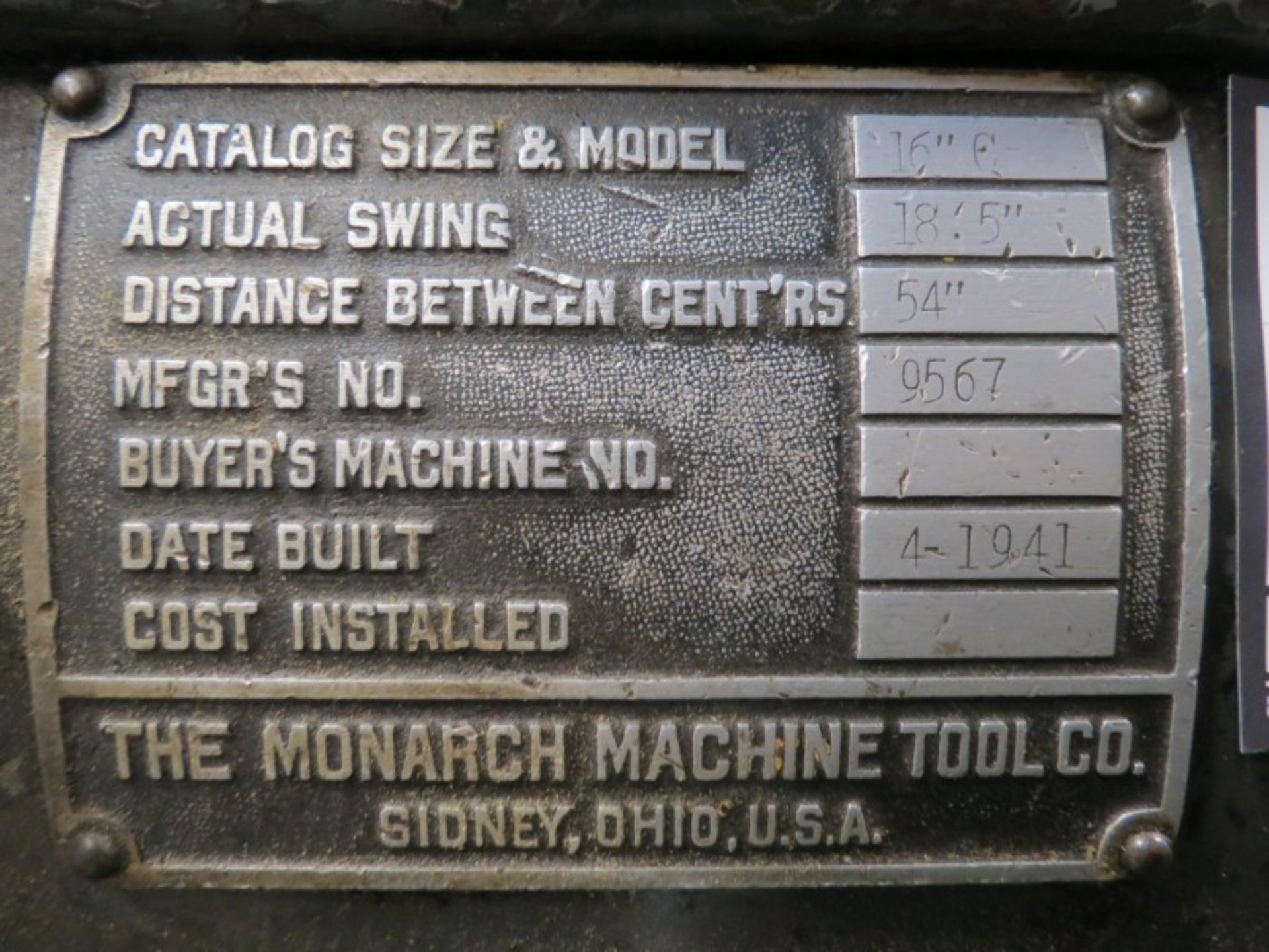 Monarch Model 16C 18" X 54" Swing, s/n 9567, New 1941 - Image 5 of 5