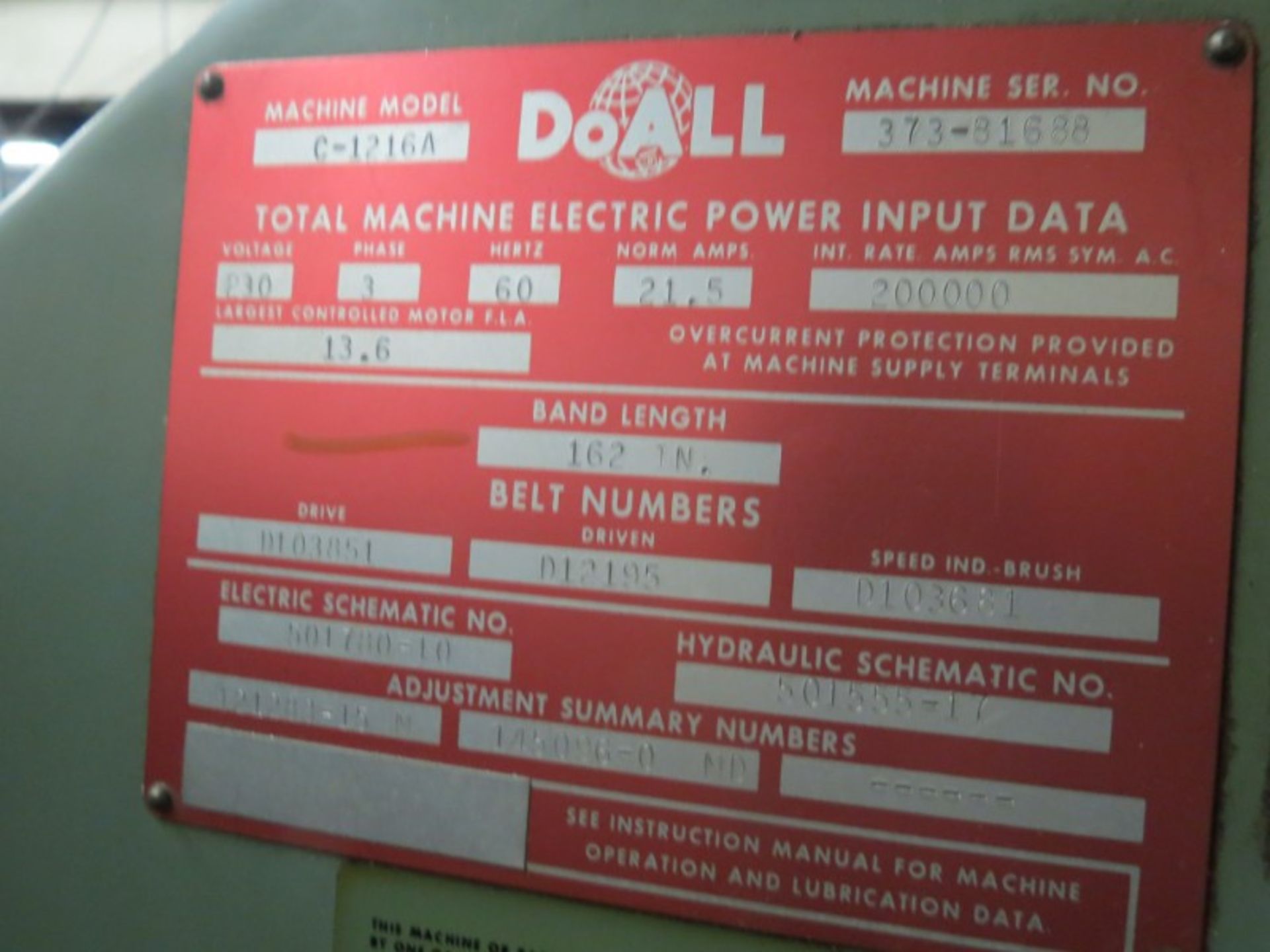 DoALL C-1216A Automatic Horizontal band Saw, 12”x16” capacity power incremental infeed s/n 373-81688 - Image 5 of 5