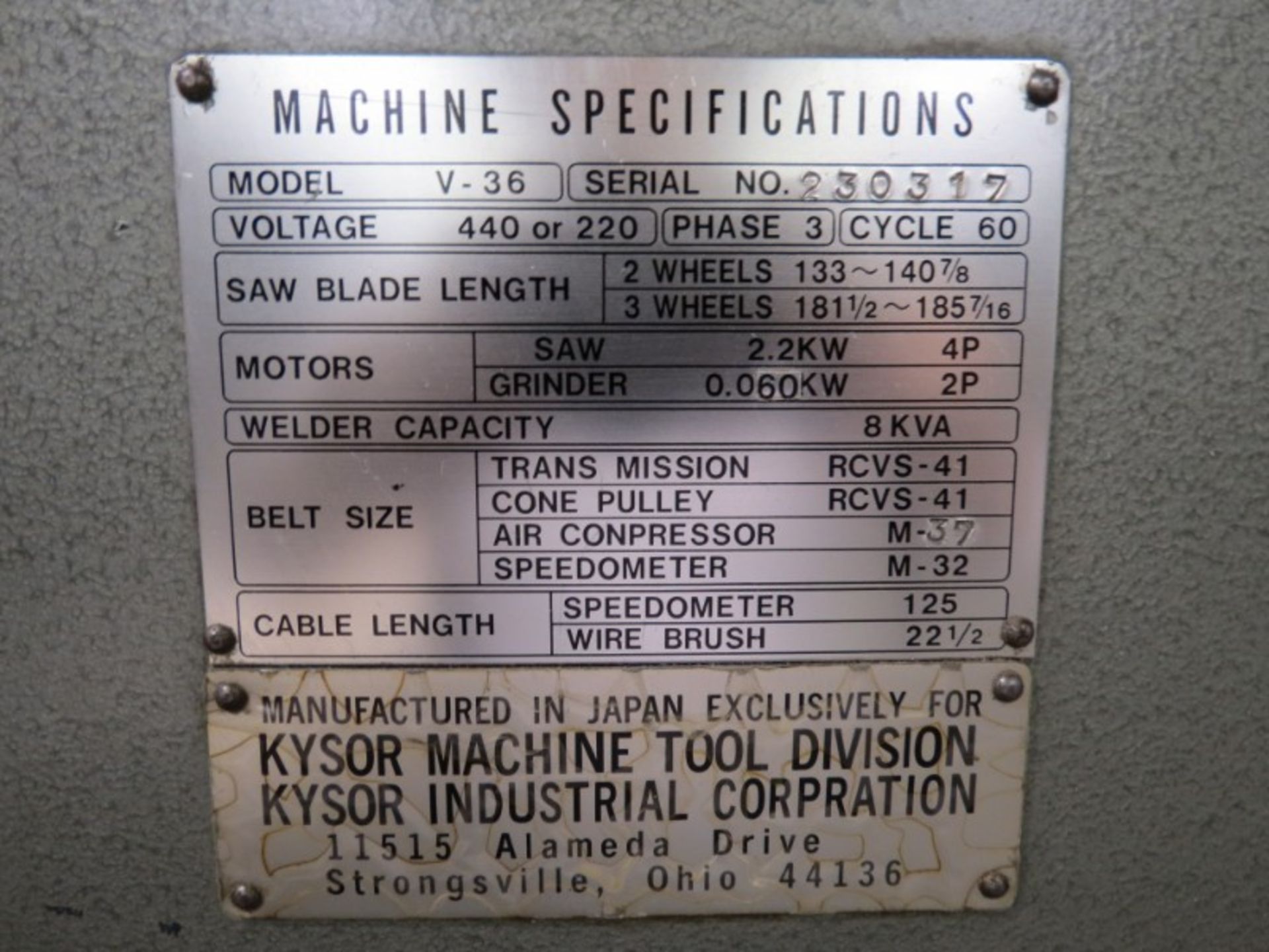 Kysor Johnson V-36 Vertical Band Saw 36'' Throat, s/n 230317 - Image 3 of 3