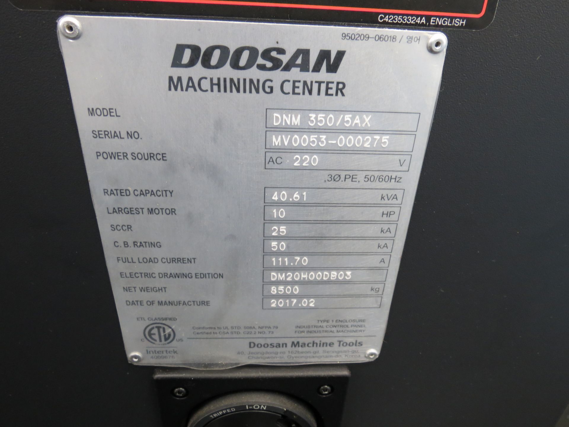 DOOSAN DNM 350 5-AXIS VMC Fanuc control, Trunnion Tilt-table,12K RPM, 60 ATC, New 2017 (Anaheim, CA) - Image 11 of 11