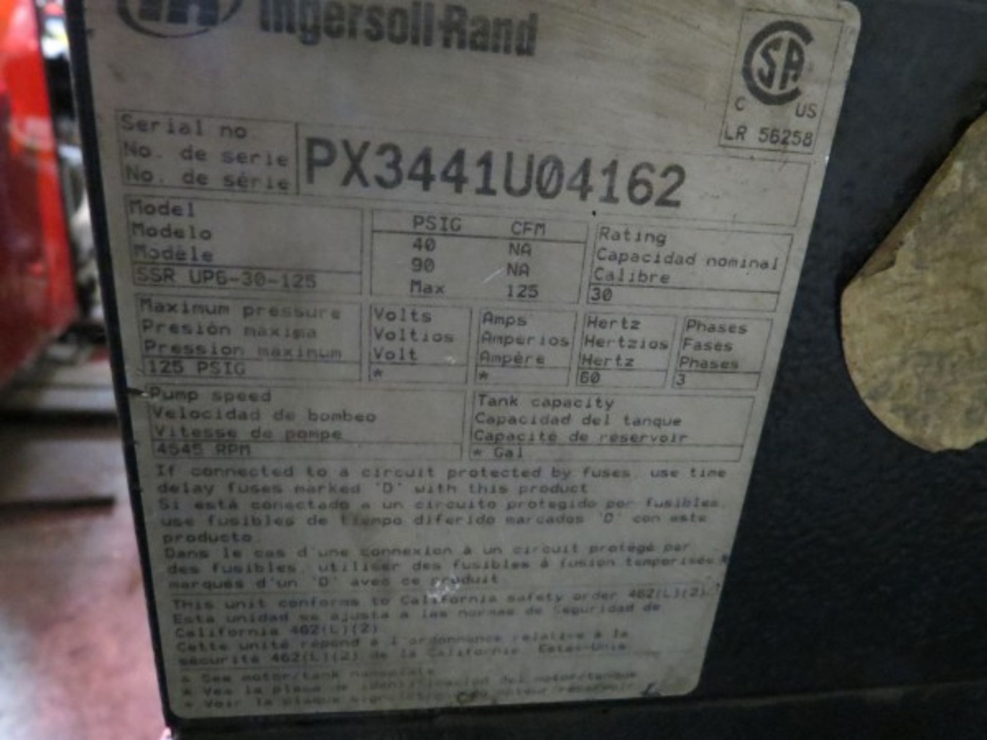 Ingersoll Rand Air Compressor 30 S/N PX3441U04162 - Image 5 of 5