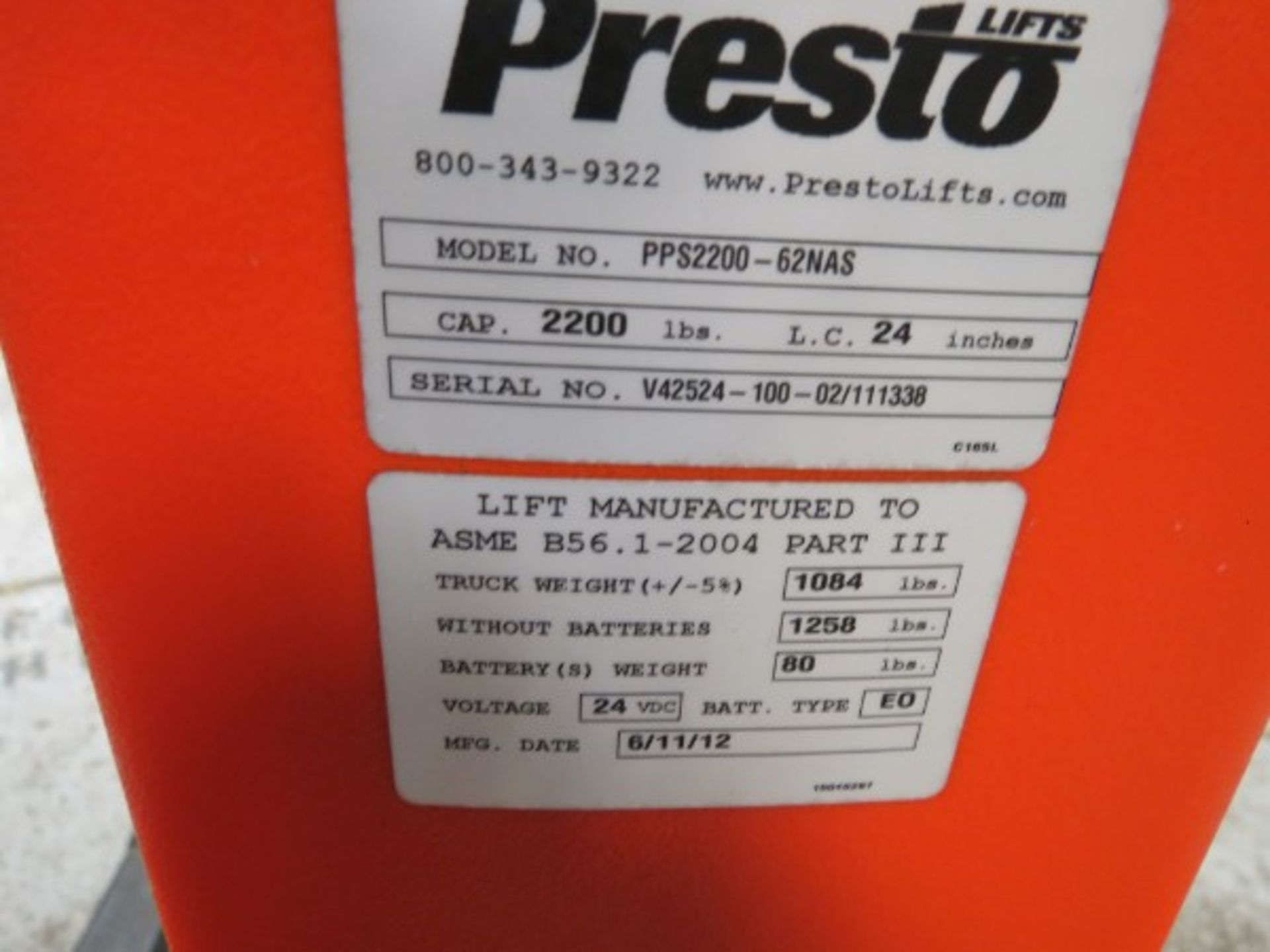 2200lb Presto PPS 2200-62NAS Electric Pallet Lift, S/N V42524-100-02/111338, New 2012 - Image 5 of 5