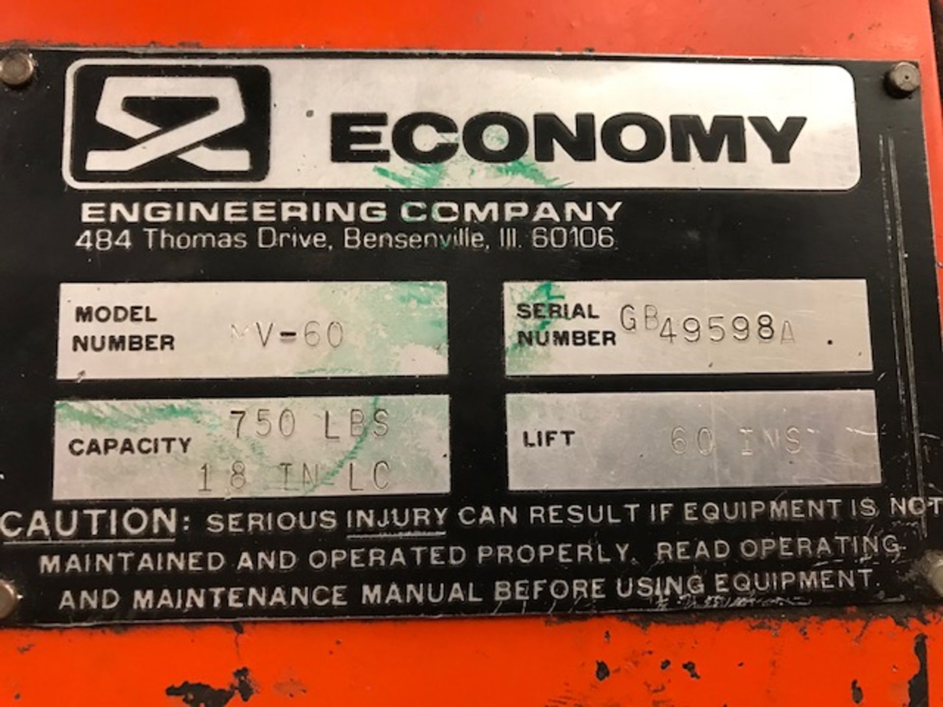 Economy Engineering V60, 750lb Cap. Die Lift, 60" Lift, 24" x 24" Table - Image 4 of 4