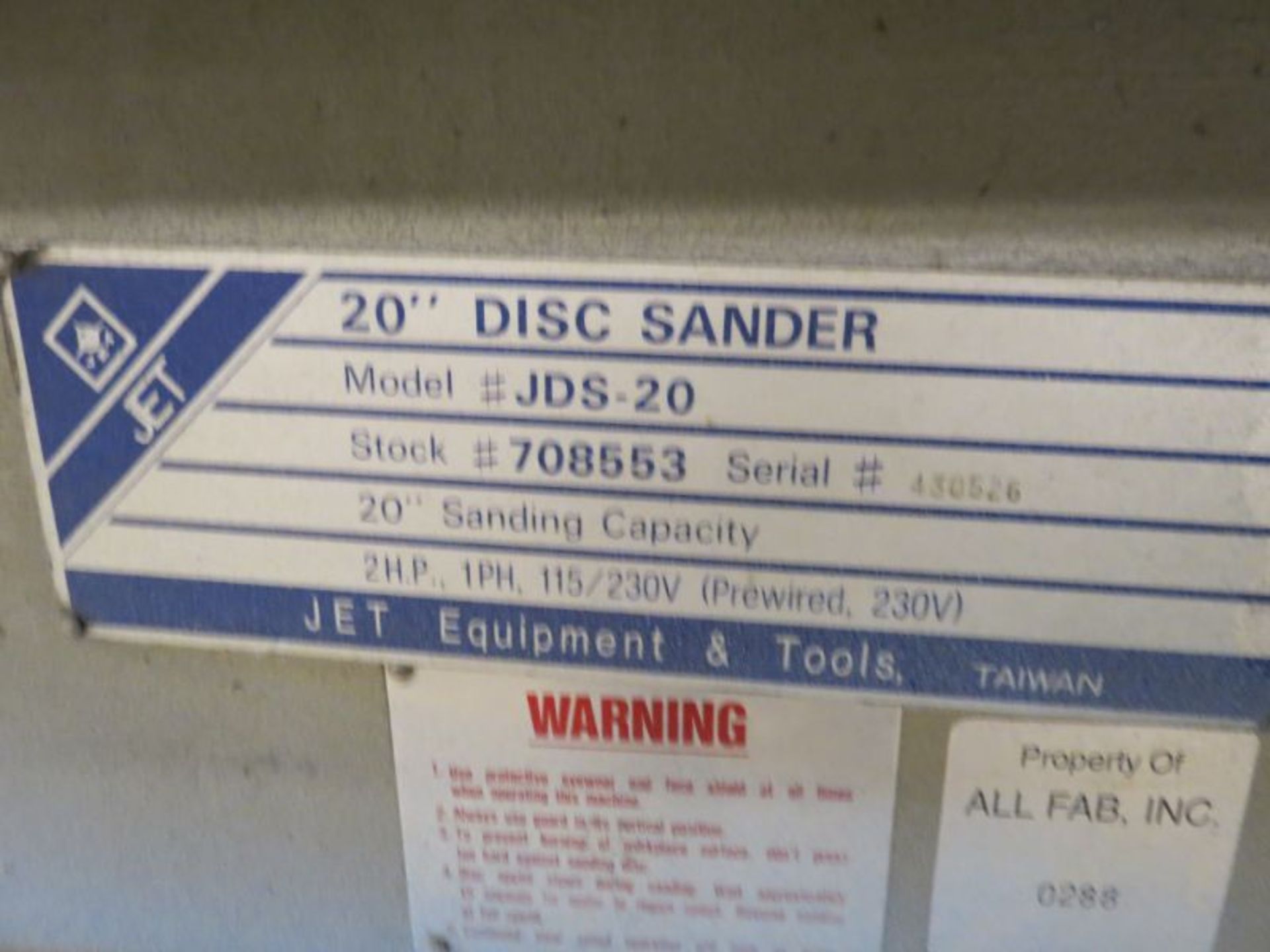 JET JDS -20 20'' Disk Sander, s/n 430526 - Image 4 of 4