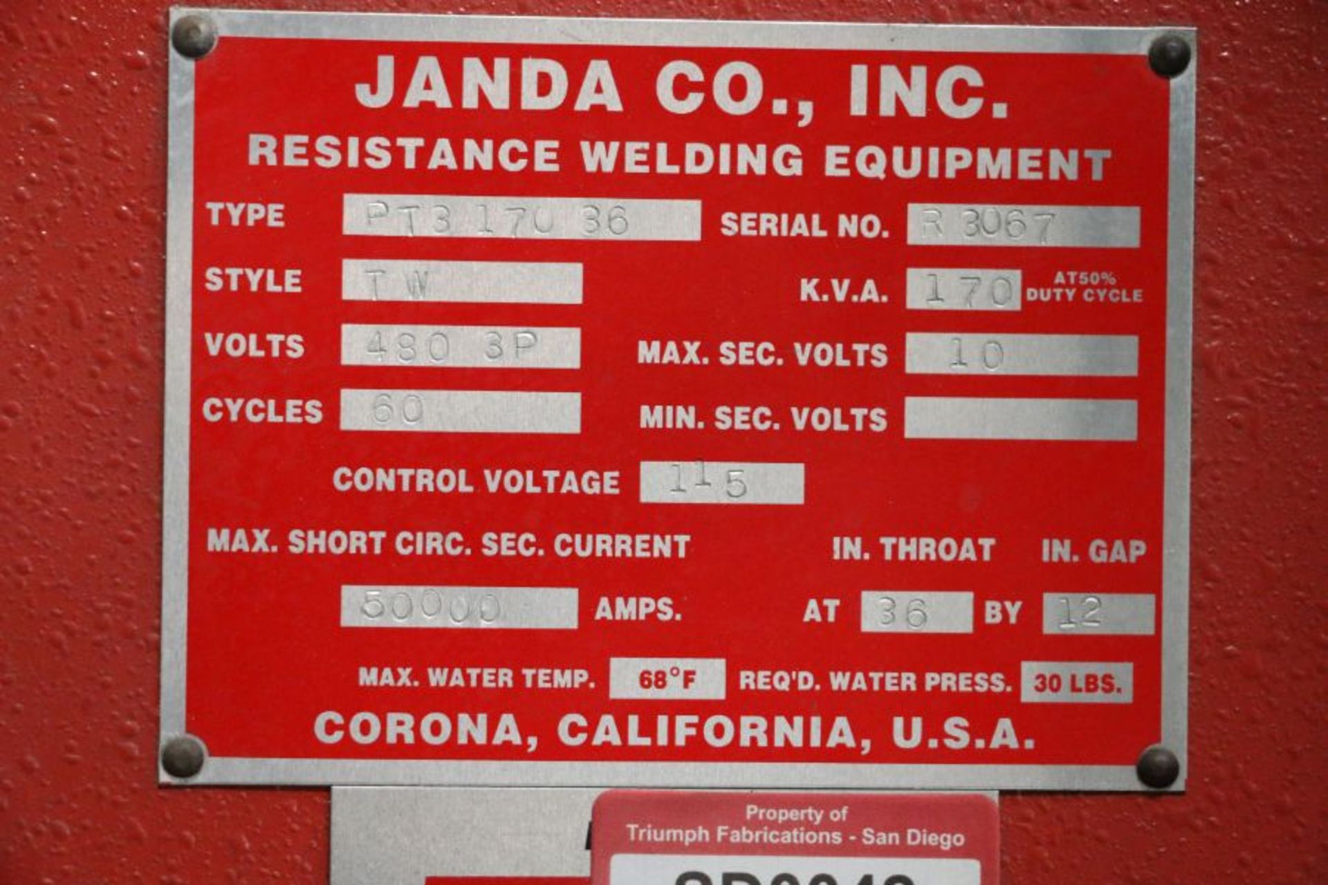 170 KVA Janda Rebuild Spot Welder, with Miyachi ISA 1000 Control (Located in Industry, CA) - Image 8 of 8