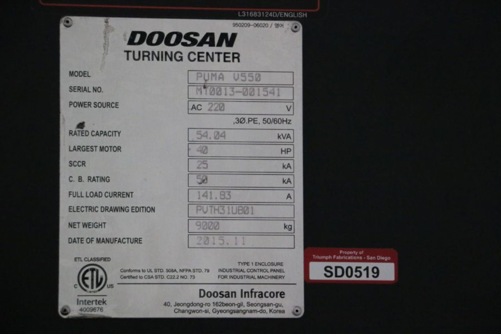 Doosan Puma VT550 CNC Vertical Turning Center, Fanuc I control, 24" Chuck, 12 Position Turret, - Image 13 of 16