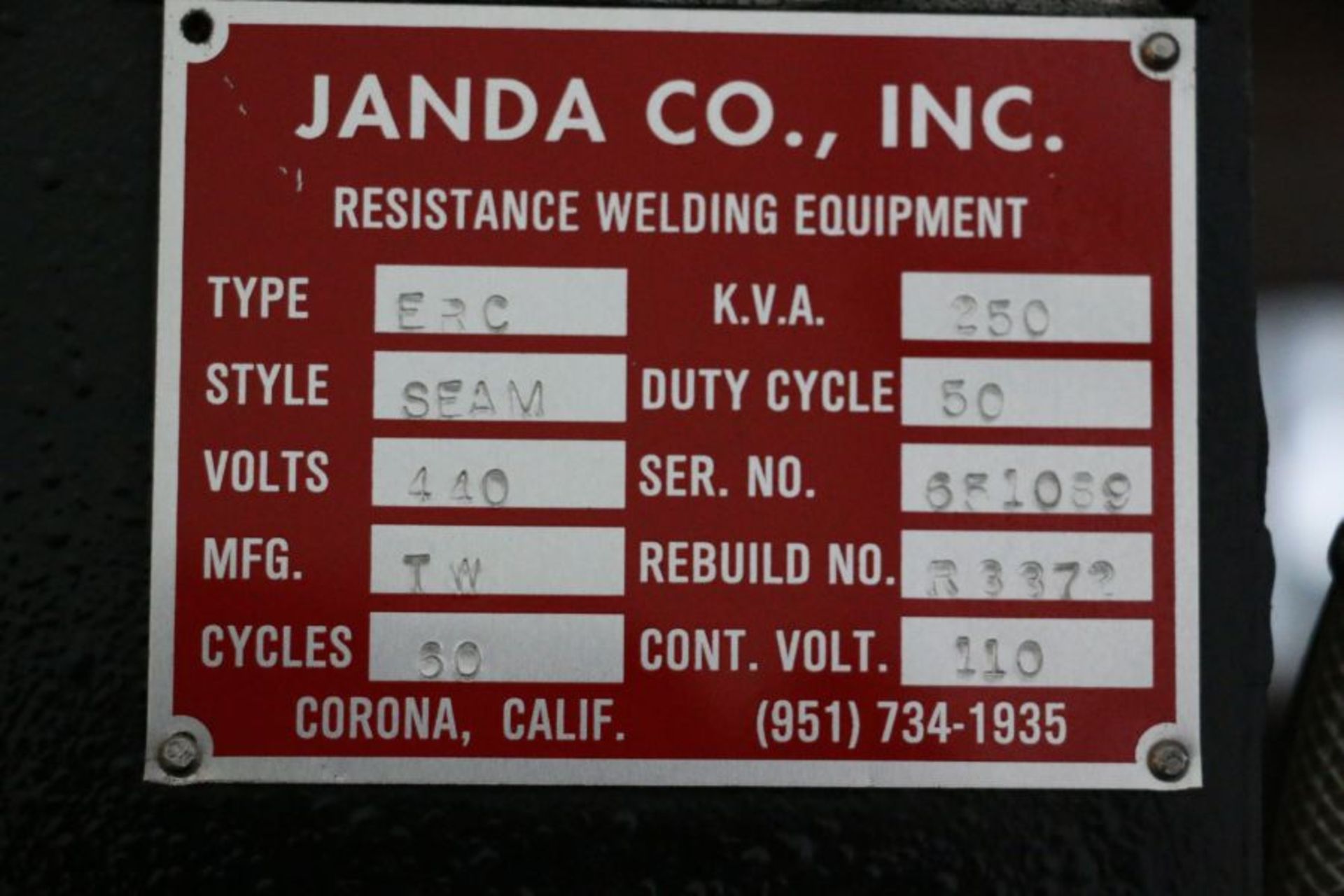 250 KVA Janda Rebuild Seam Welder, with Miyachi ISA 1000 Control, (Located in Industry, CA) - Image 9 of 9