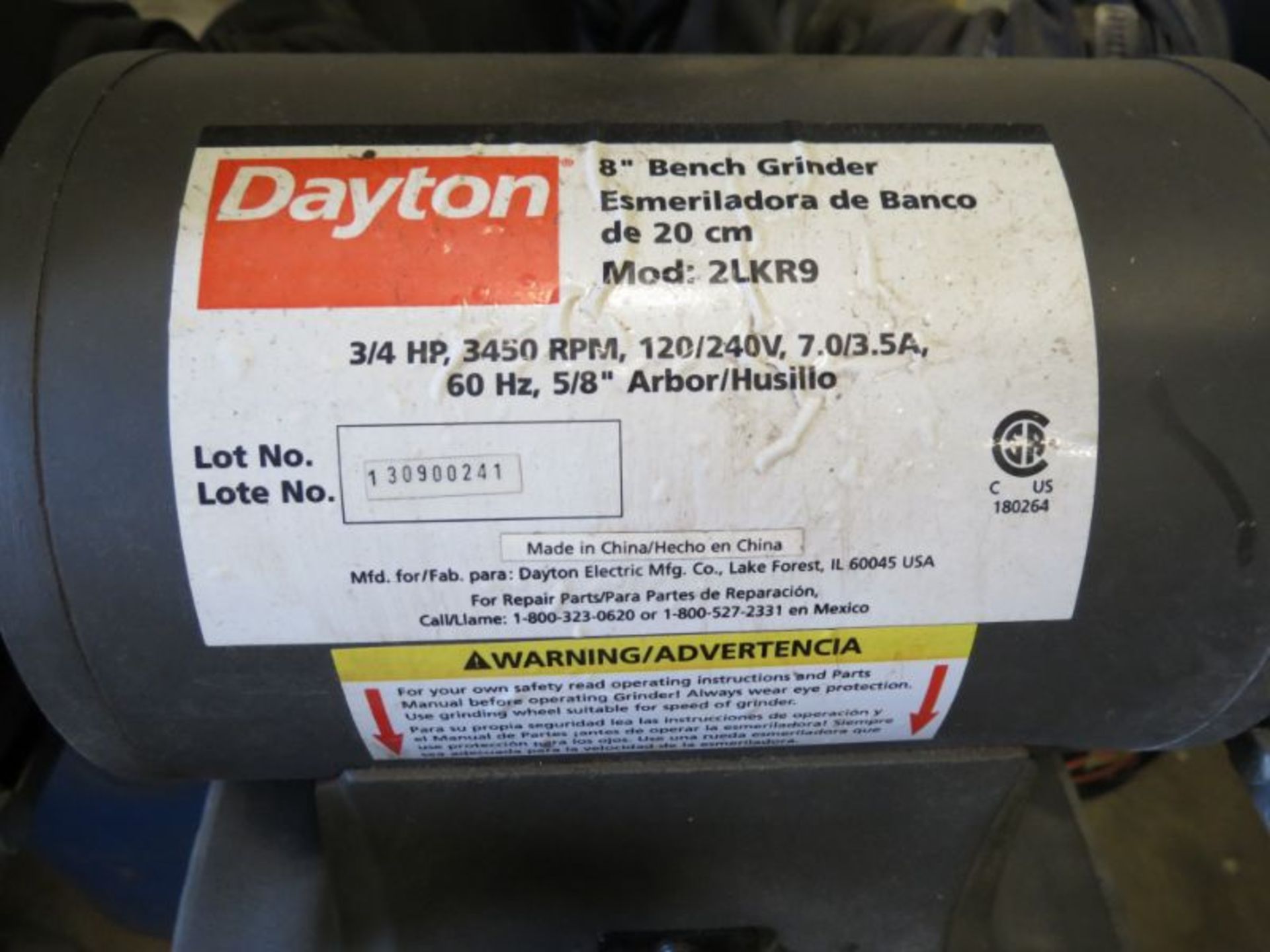 Dayton Double End 8" Grinder 3/4 HP, 3450 RPM, s/n 130900241 - Image 3 of 3