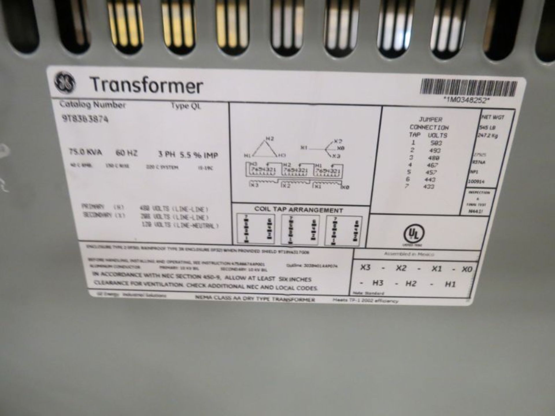 GE Transformer Catalog Number: 9T83B3874 3hp 60hz - Image 5 of 5