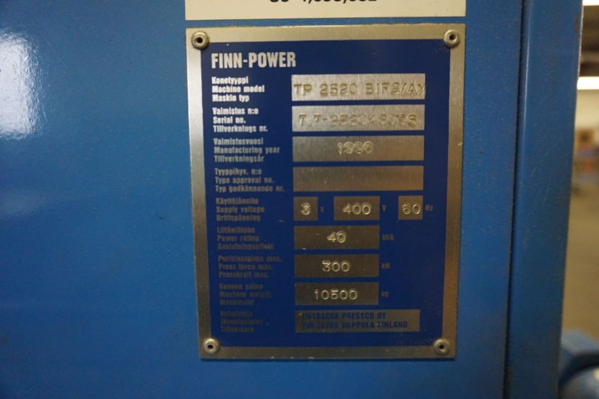 1996 FinnPower TP 2520 CNC Turret Punch, 33 Ton, 50"x100" Sheet Size *Auctioned from Edgerton, KS* - Image 9 of 9