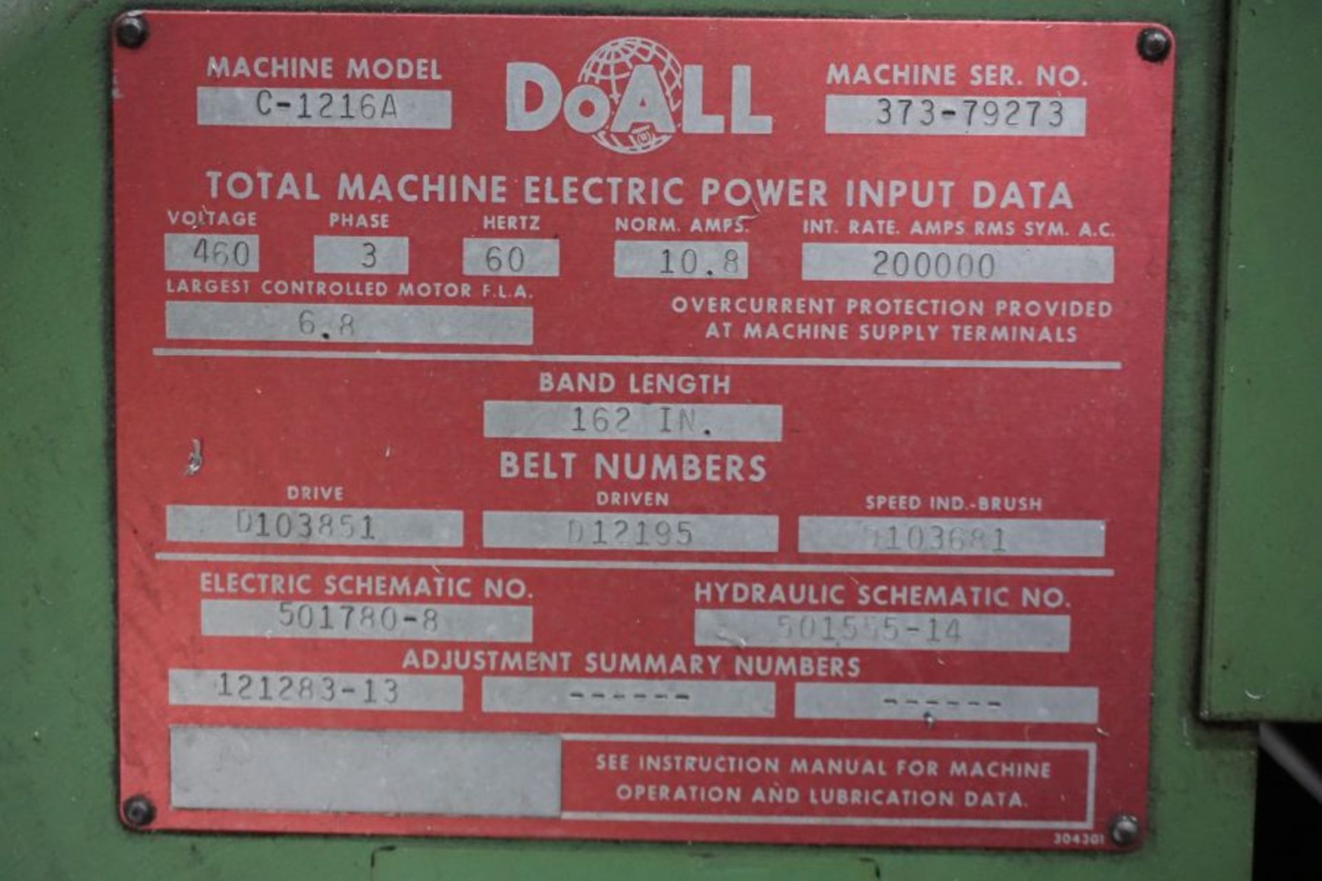 DoAll C-1216A Hydraulic Horizontal Bandsaw, 160" Blade, s/n 373-79273 - Image 9 of 9