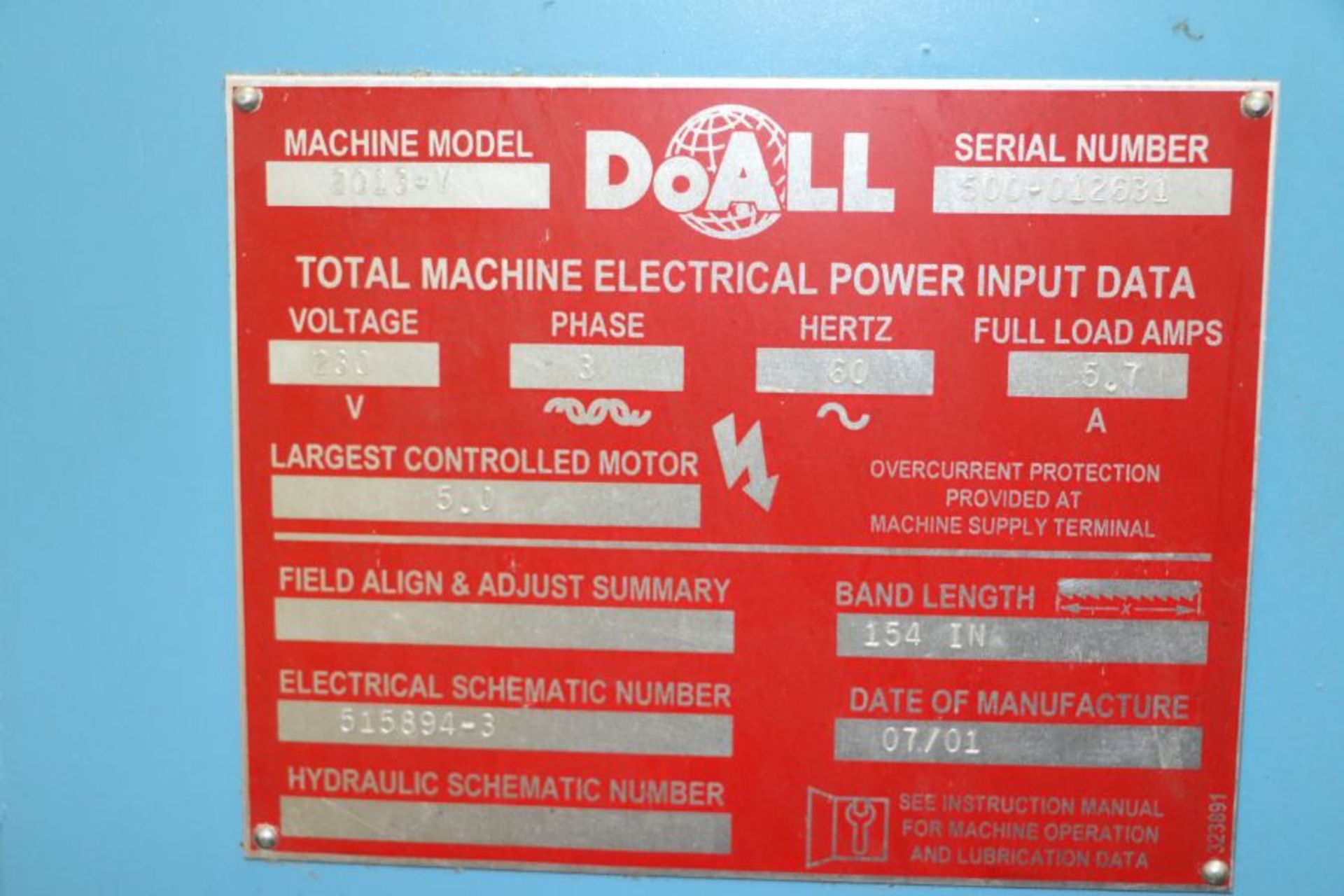 DoAll 2013-V Vertical Bandsaw, 154" Blade, s/n 500=012531, New 2001 - Image 5 of 5