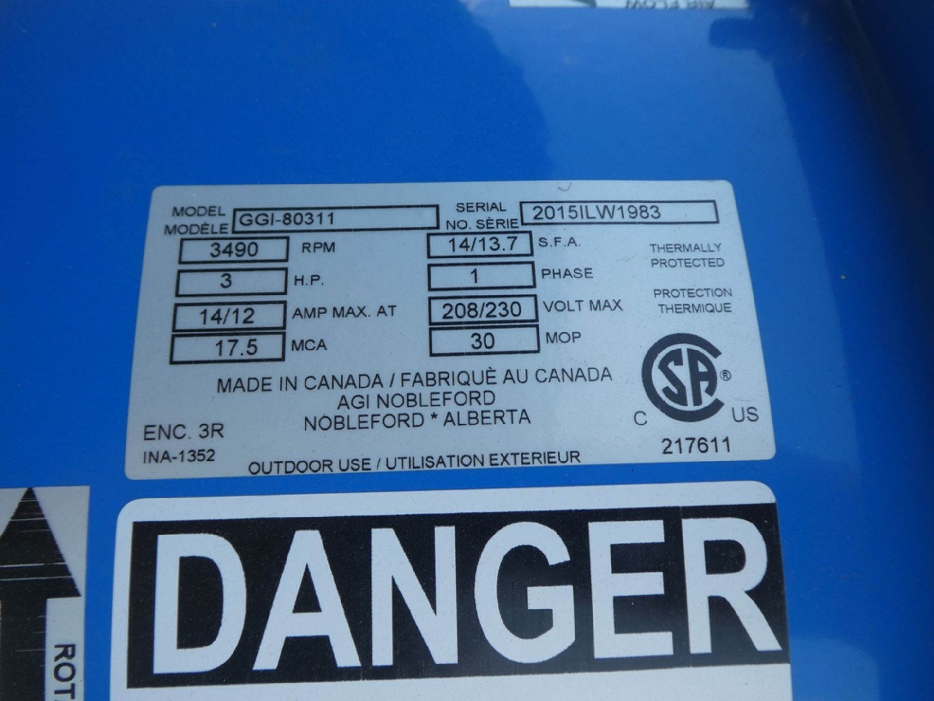 GRAIN GUARD GG1-80311 INLINE AERATION FAN 3 HP 1 PH 208/230V S/N 20151LW1983LOCATED 1/2 - Image 3 of 3