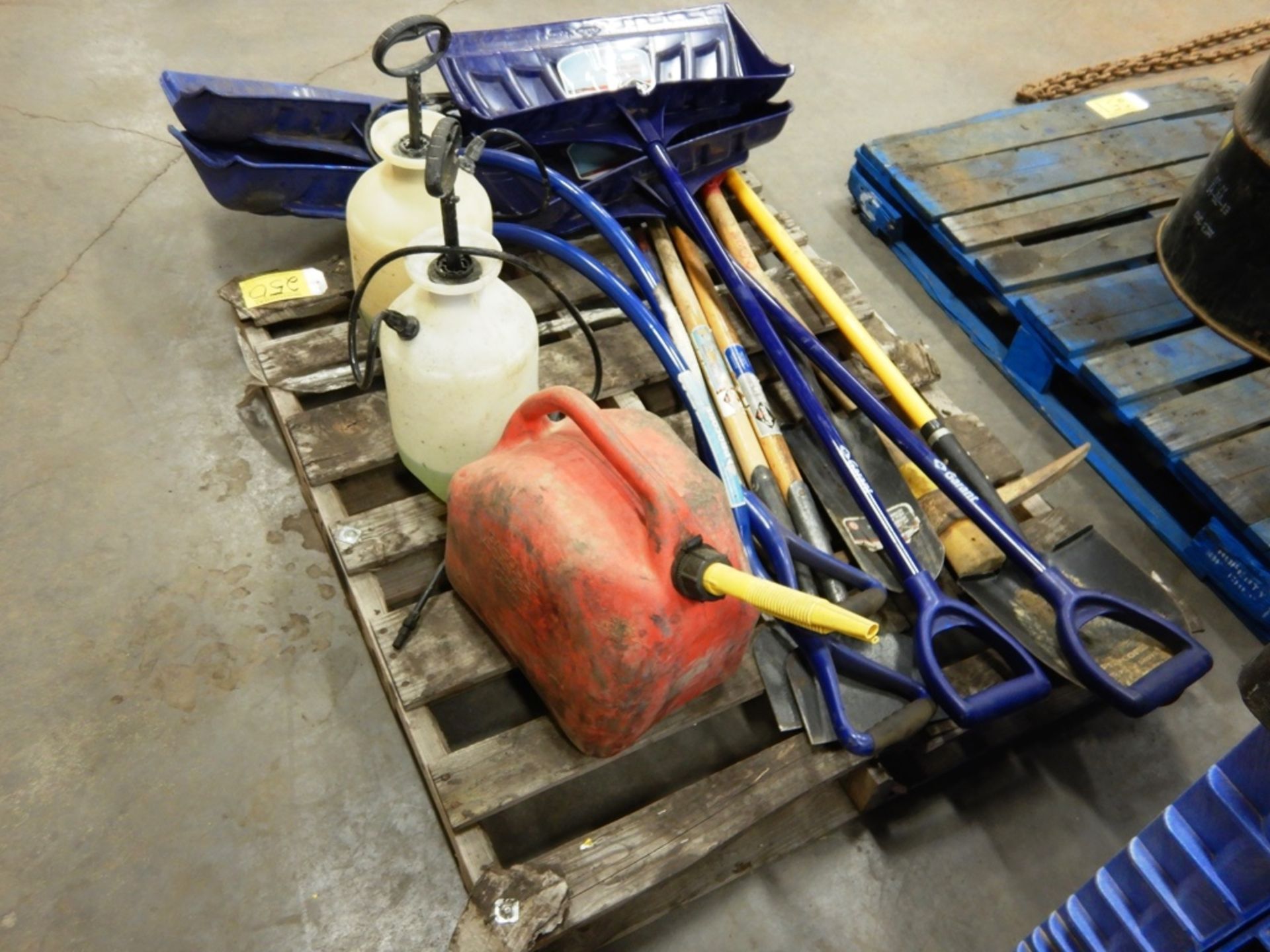 L/O SNOW SHOVELS, SHOVELS, PICK AXE, SCRAPERS, JERRY CANS, 2-SPRAYERS - Image 2 of 2