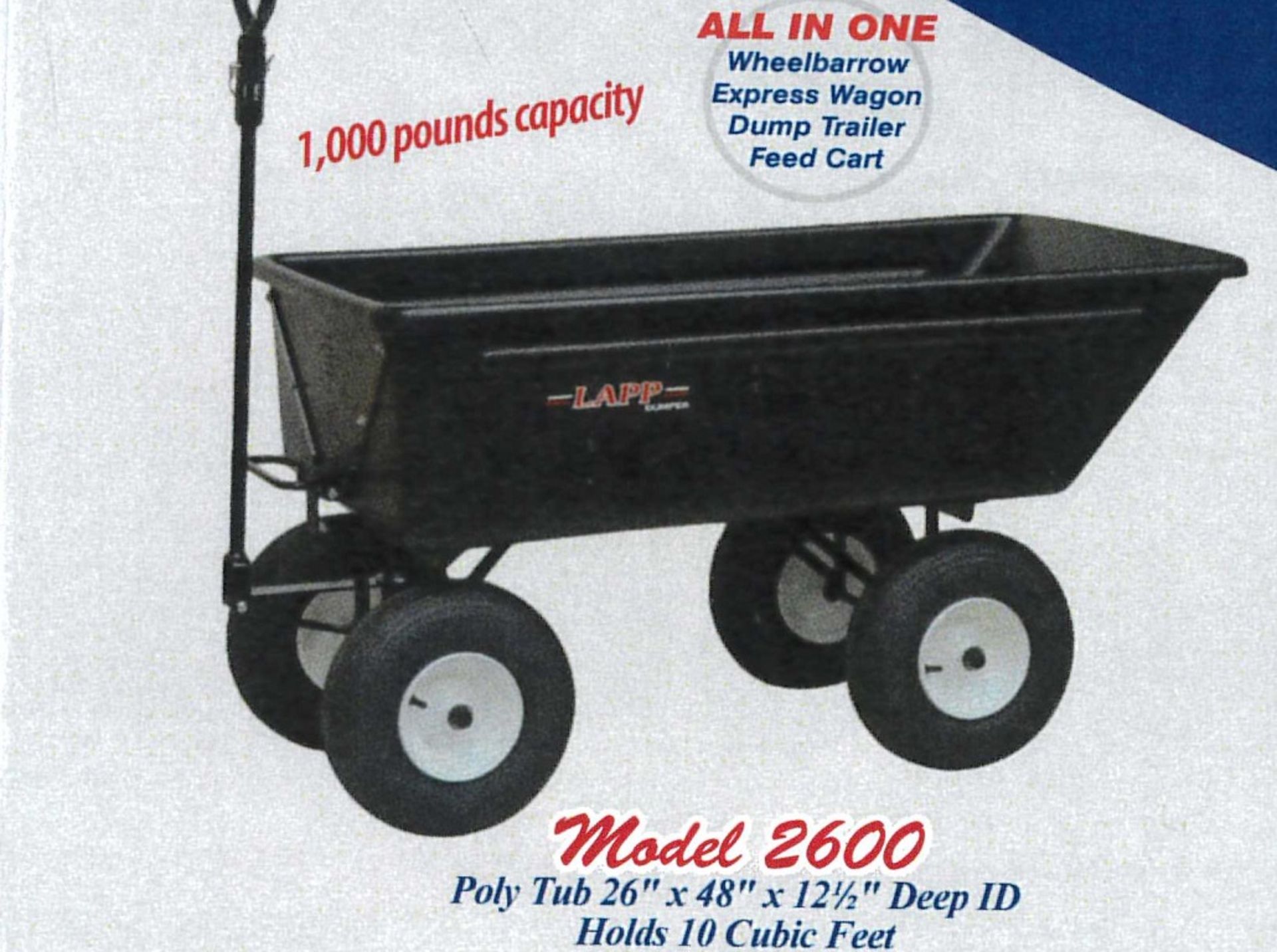 LAPP 4 WHEEL POLY DUMPER WAGON M# 2600 26"x46"x12.5" DEEP 10 CUBIC FEET 1000LB CAP - Image 3 of 4