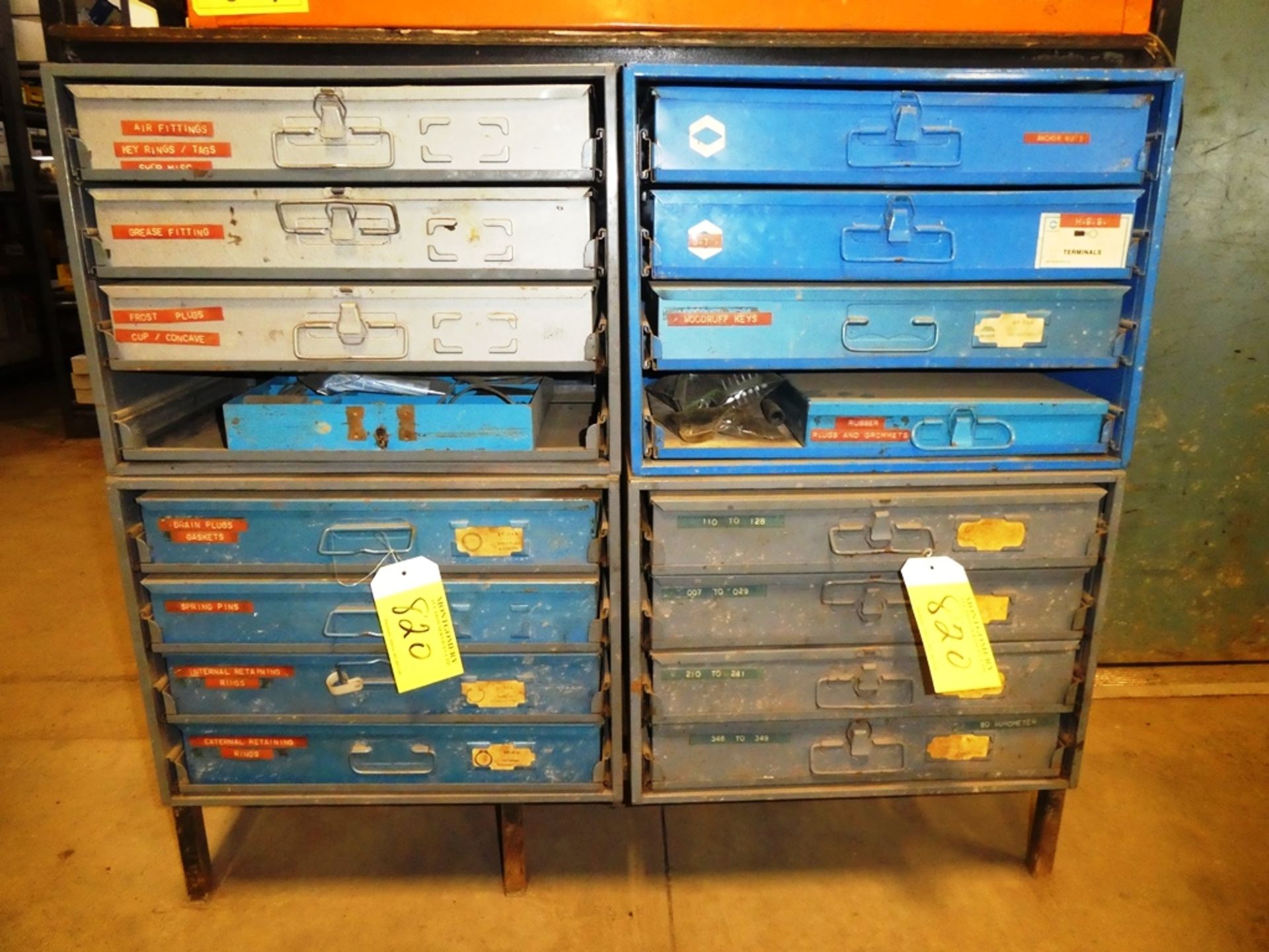 STORAGE DRAWERS W/ 15 DRAWERS & CONTENTS AIR FITTINGS, GASKETS, GREASE FITTINGS, DRAIN PLUGS, O-
