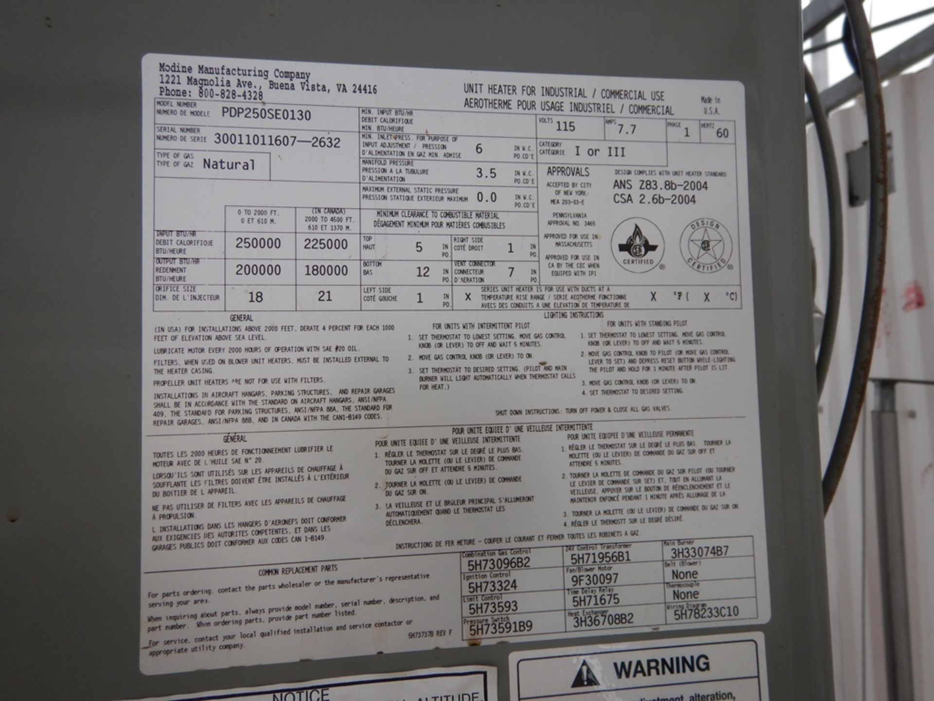 MODINE HIGH EFFICIENCY II Ng UNIT HEATER M# PDP250SE0130 S/N 30011011607-2632 250M BTU - Image 2 of 2