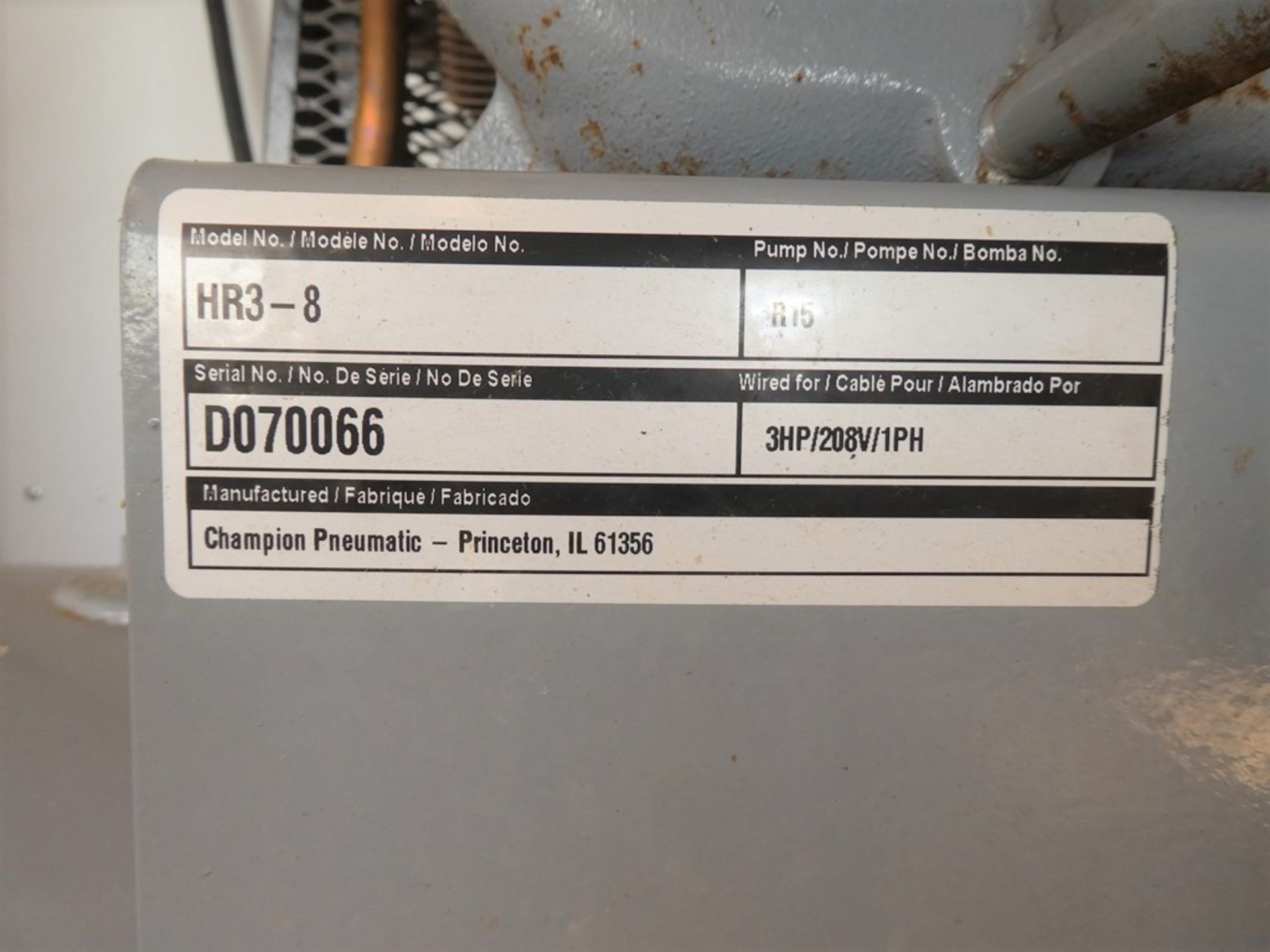 GARDNER DENVER HR3-8 HORIZONTAL AIR COMPRESSOR 3HP 208V 1PH S/N D070066 - Image 3 of 3